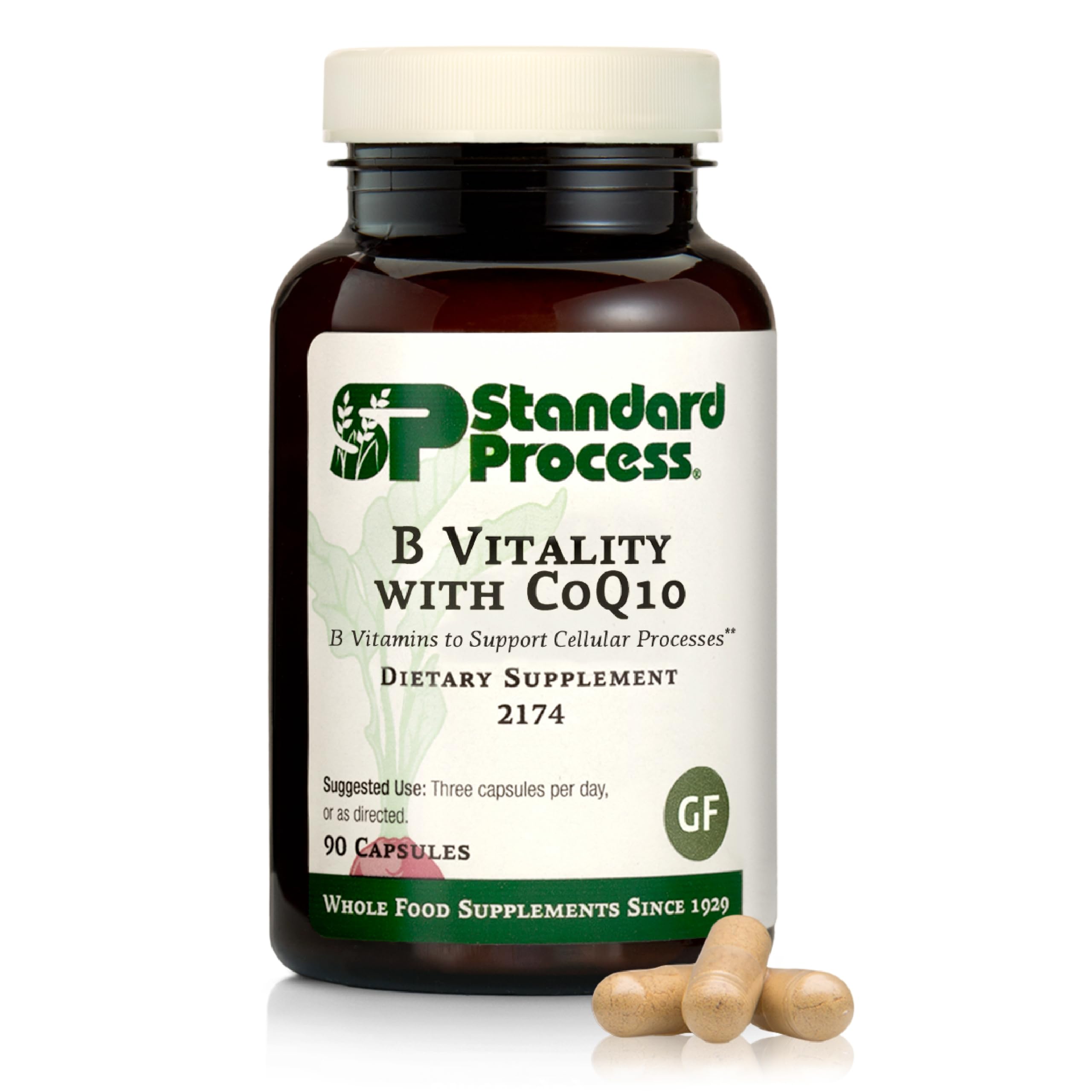 Standard Process B Vitality avec CoQ10, capsules visibles, soutien potentiel des cellules et énergie quotidienne.