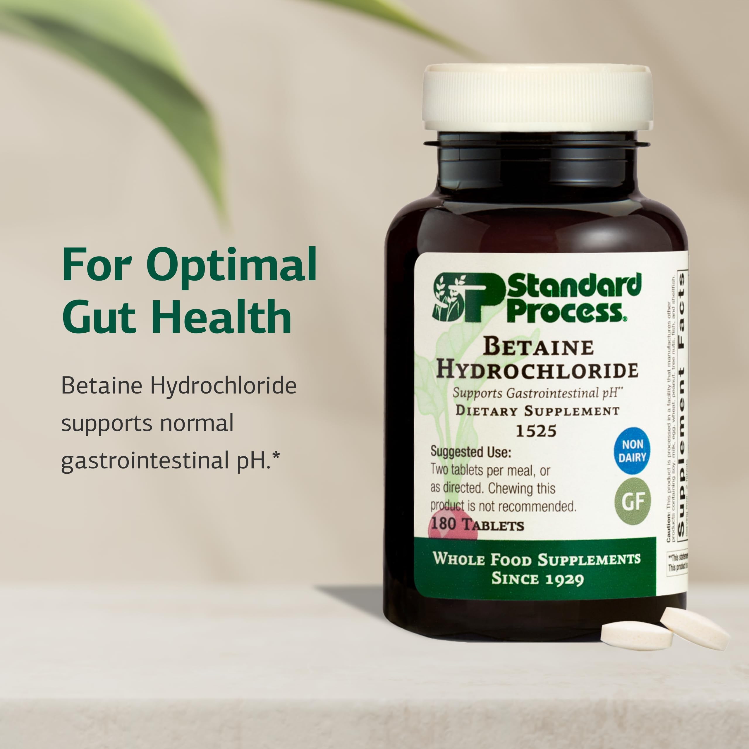Standard Process Betaine HCl etiquette sans gluten: convient aux régimes sans gluten et sans allergènes.