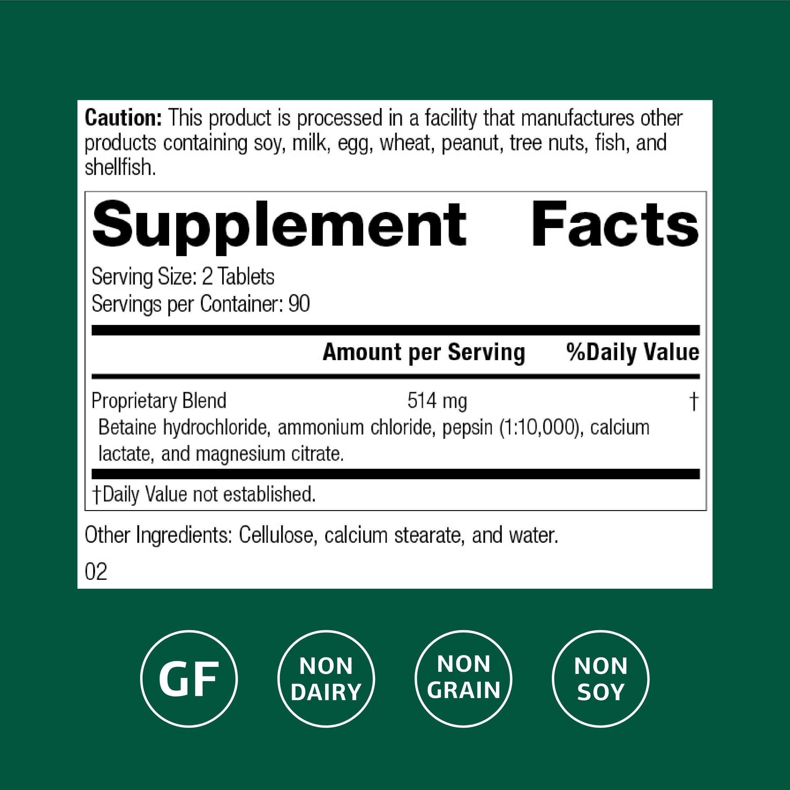 Standard Process Betaine HCl tablettes: dosage pratique pour soutenir la digestion des protéines.