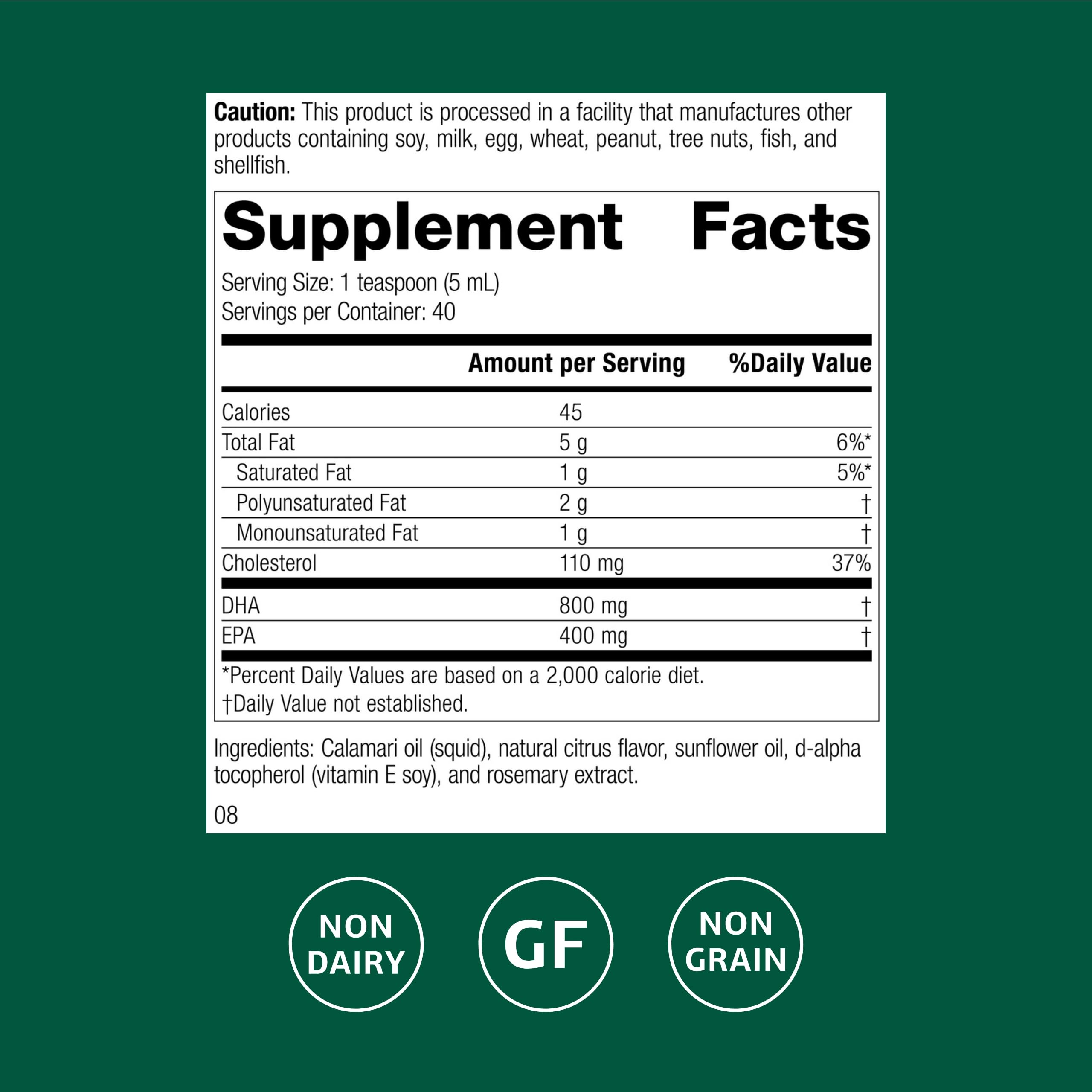 Standard Process Calamar Omega-3 Liquide, étiquette lisible et informative.