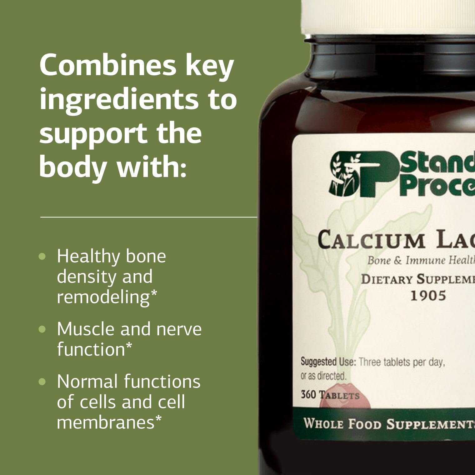 Standard Process Calcium Lactate produit végan et sans gluten adapté à divers régimes.