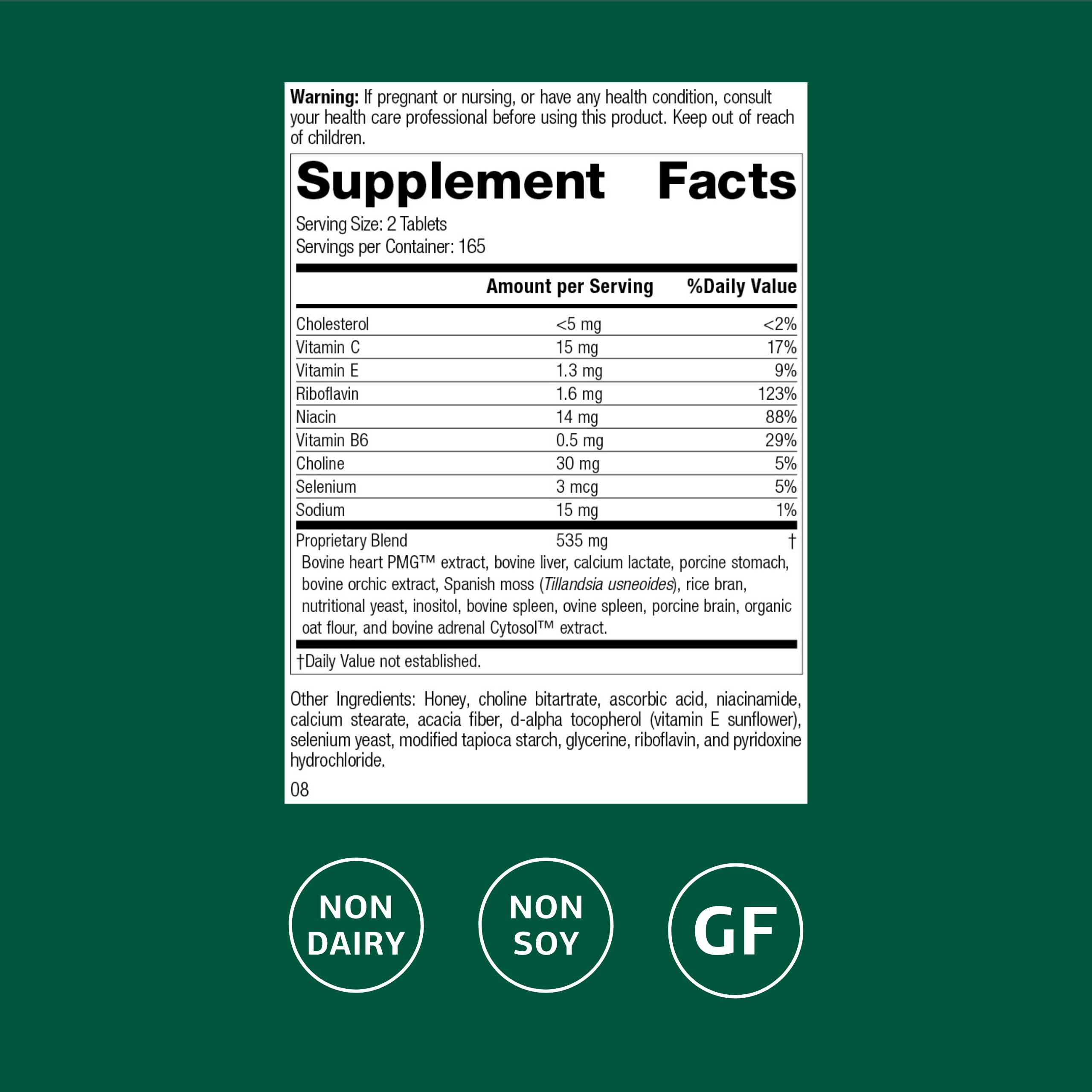 Standard Process Cardio-Plus GF – étiquette lisible mentionnant les vitamines B6, C et E.