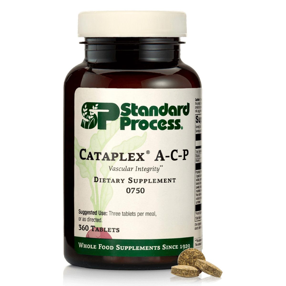 Standard Process Cataplex A-C-P sur bouteille, usage quotidien pratique.