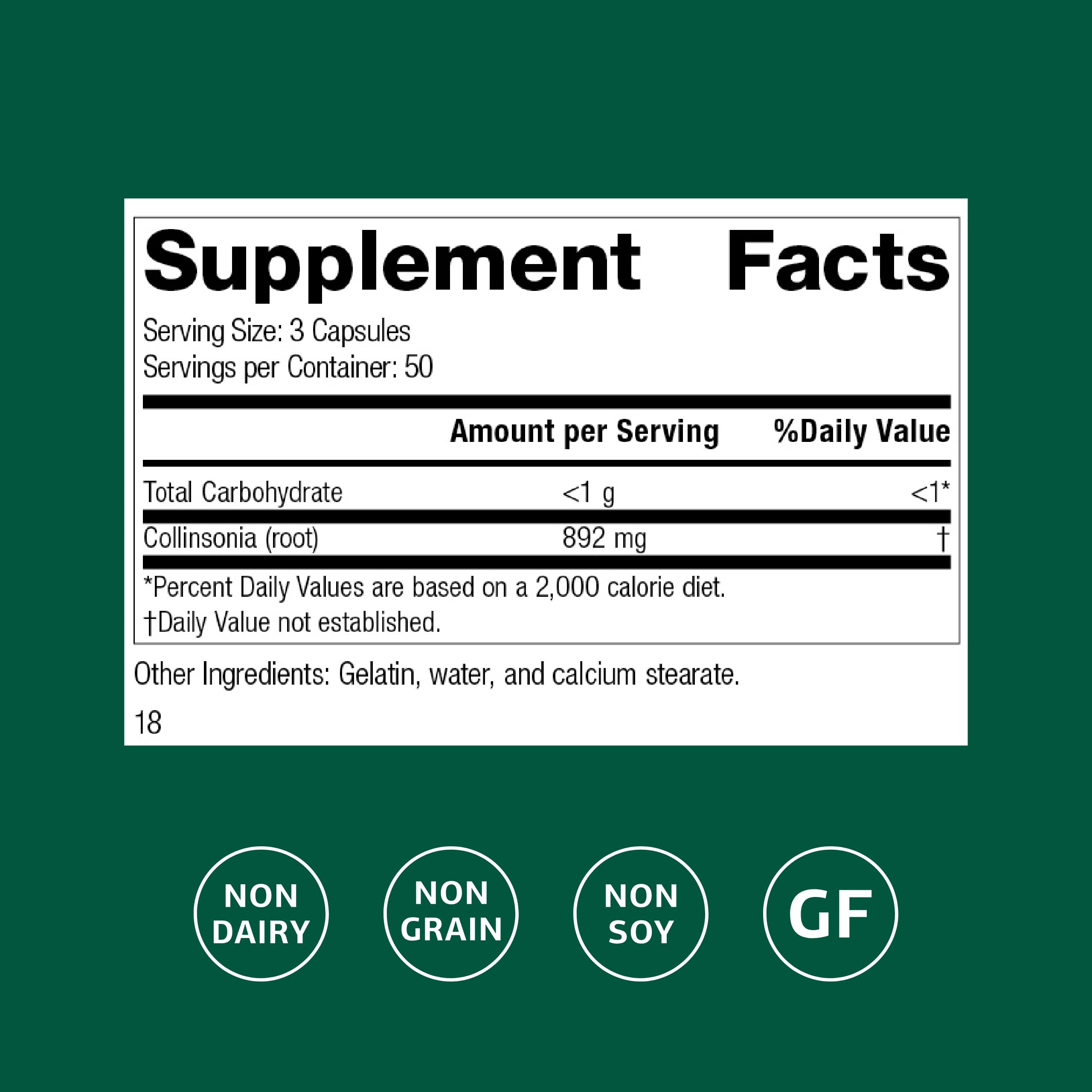 Standard Process Collinsonia Root – etiquette lisible avec informations de dosage