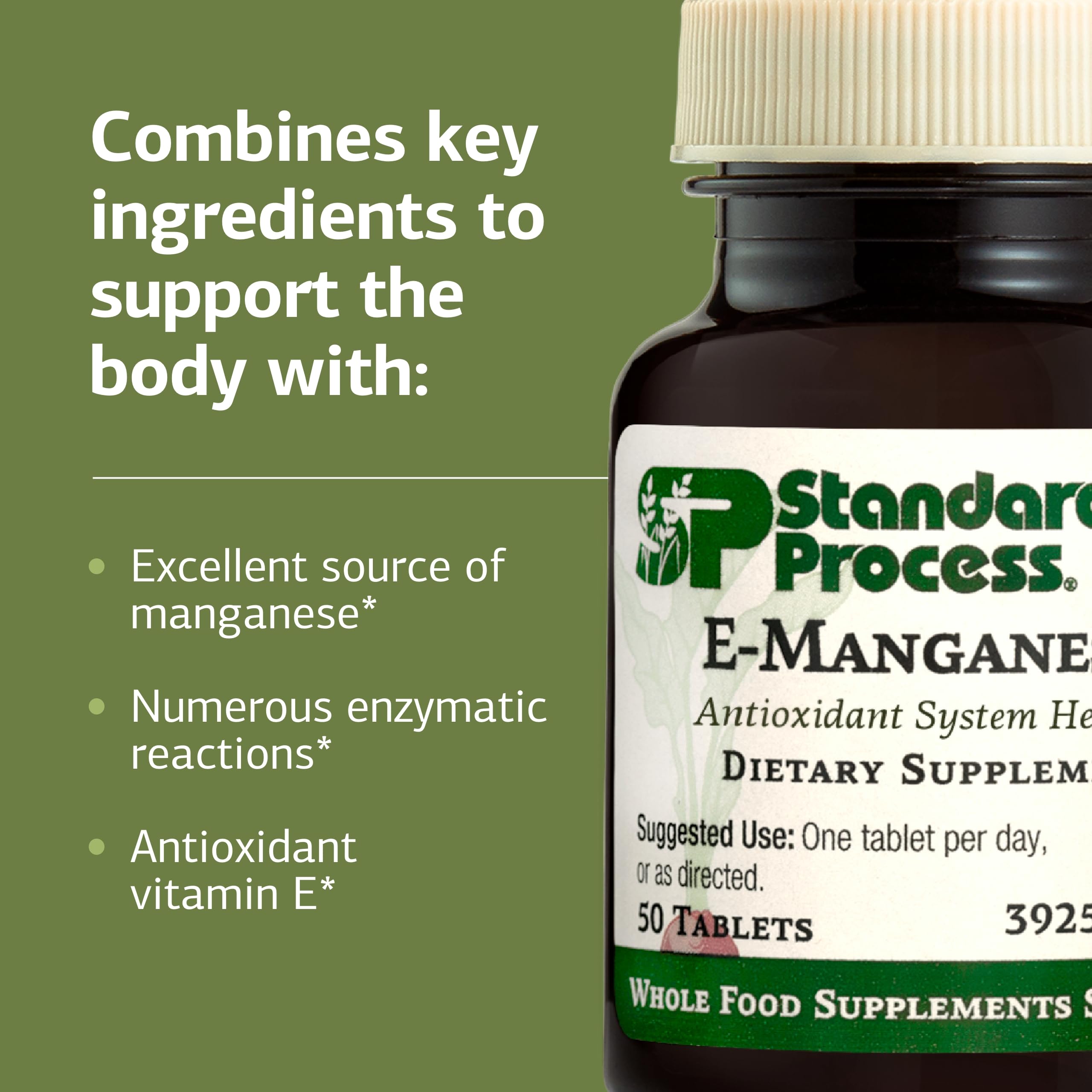 Standard Process E-Manganese : étiquette détaillée avec informations nutritionnelles.