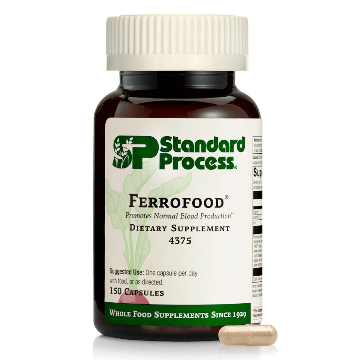 Standard Process Ferrofood: bouteille et etiquette affichent fer et vitamines B12 et C.