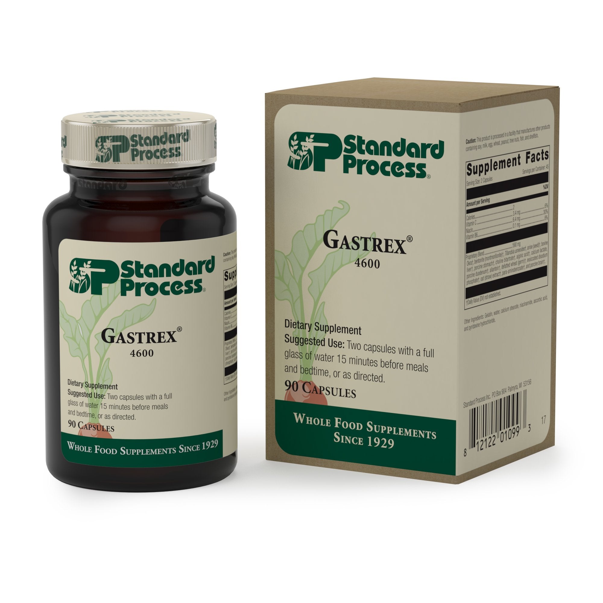Gastrex de Standard Process, bouteille 90 gélules, soutien potentiel à la digestion et au confort intestinal.