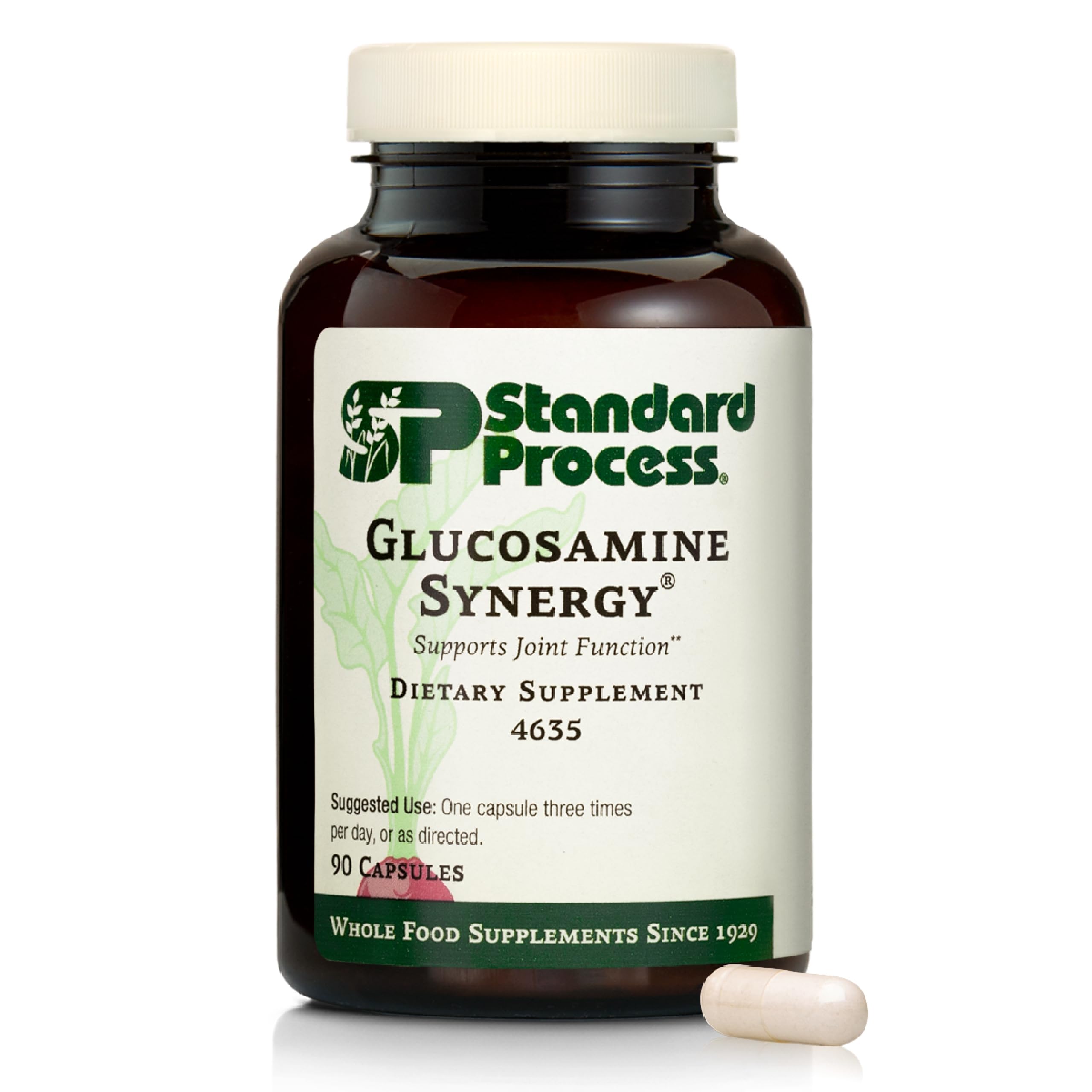 Standard Process Glucosamine Synergy, bouteille et versement, soutien potentiel des articulations après l'effort.