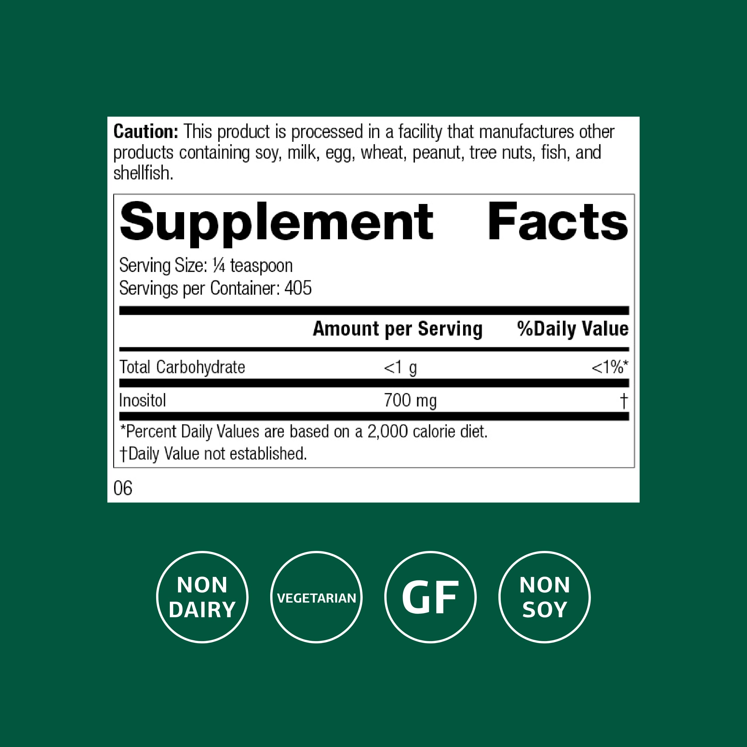 Cuve doseur inclus avec Inositol Poudre Standard Process pour un dosage pratique.