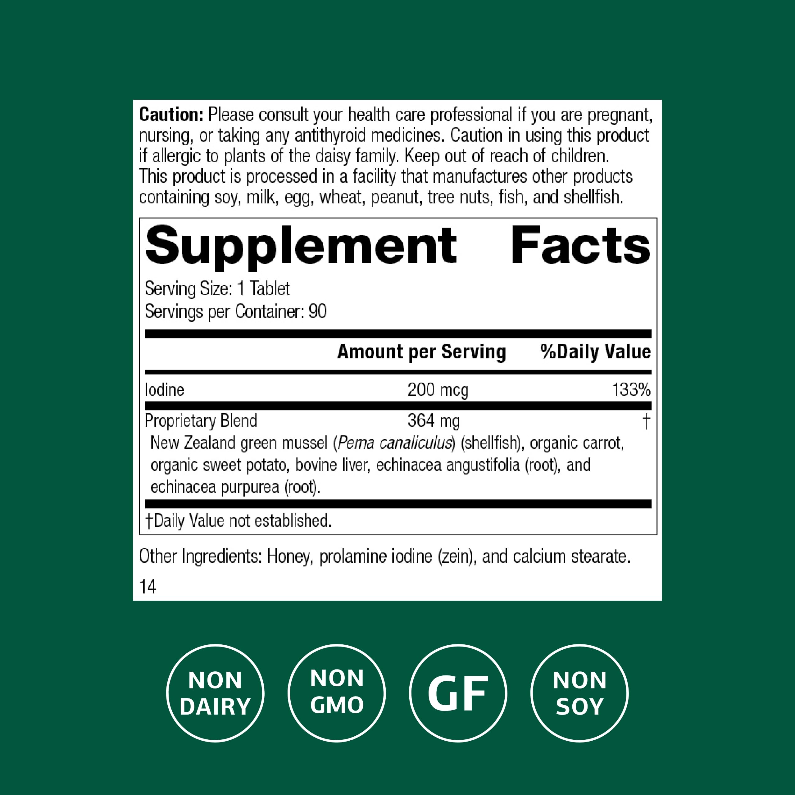Étiquette Iodomere Standard Process affichant le dosage d'iode par comprimé.