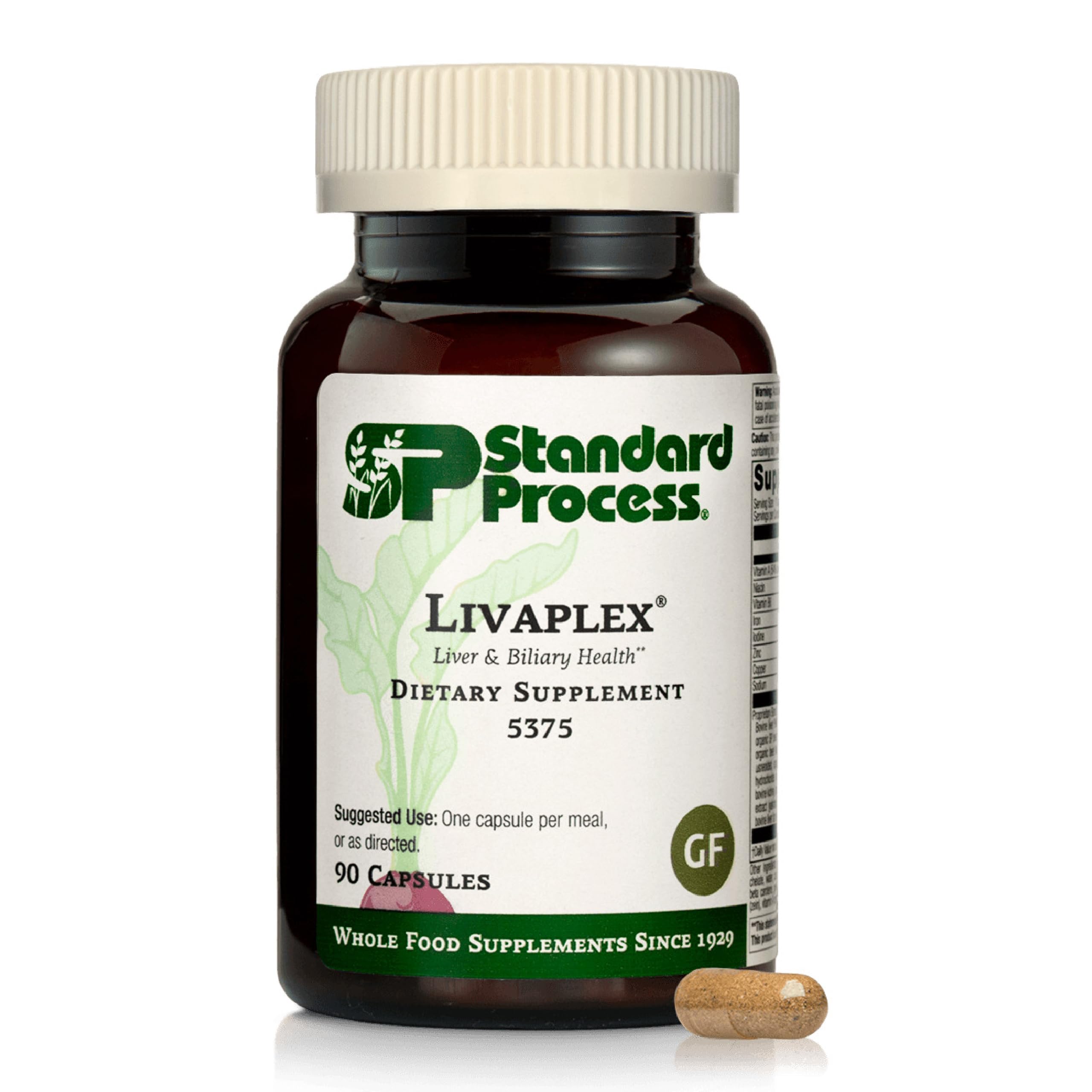 Livaplex de Standard Process — bouteille ouverte, dosage pratique pour soutenir digestion et foie