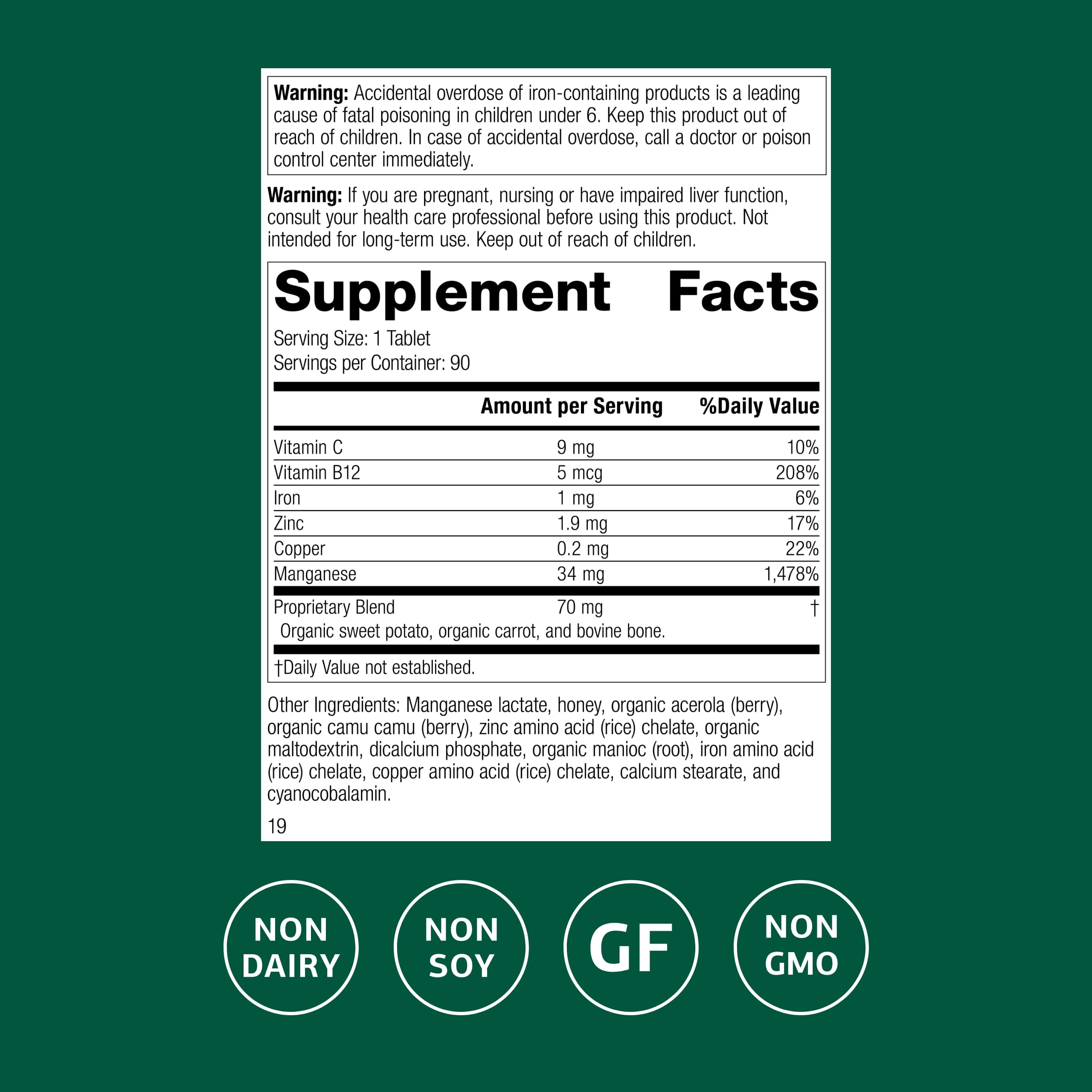 Étiquette du produit Standard Process Manganèse B12 affichant sans gluten et sans produits laitiers.