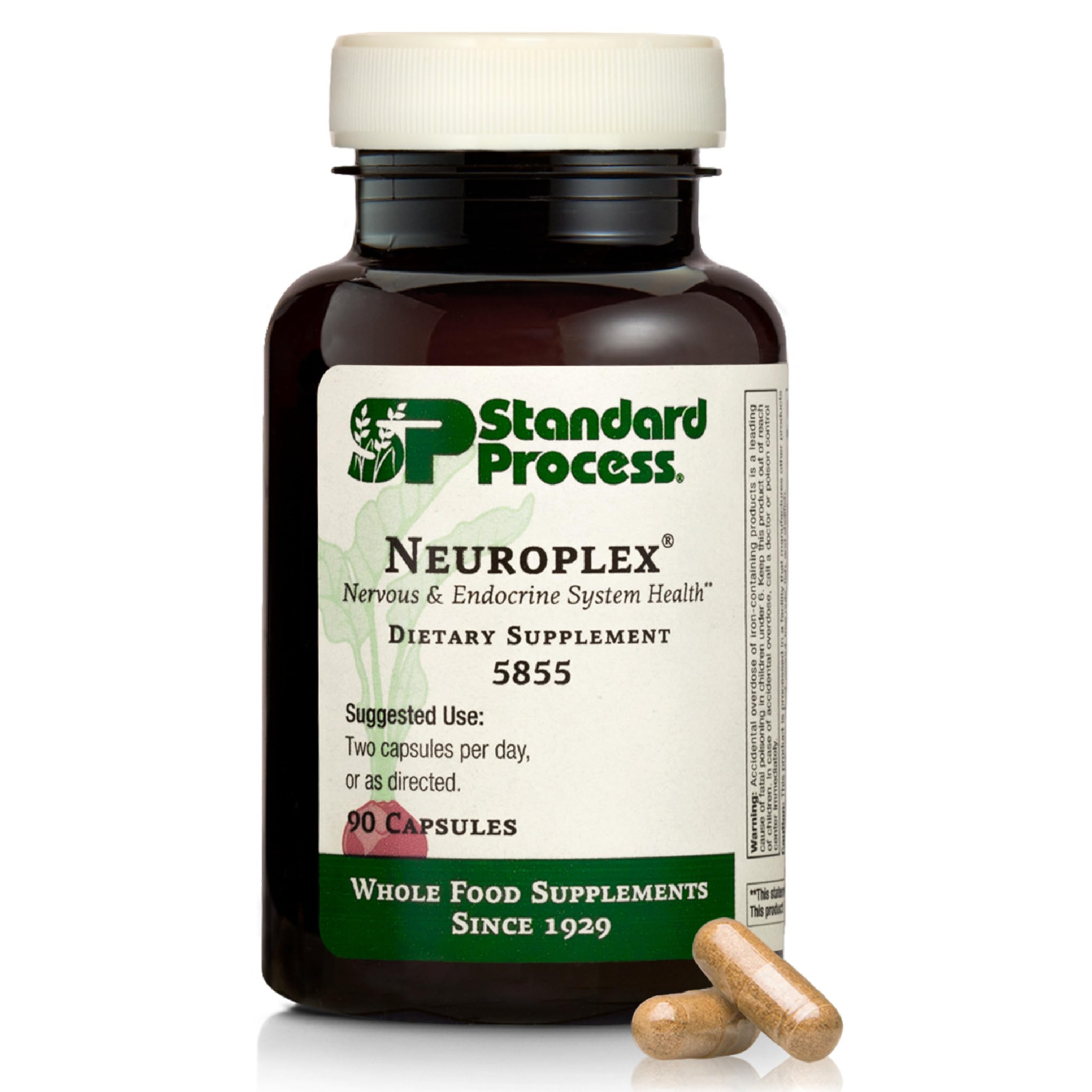 Neuroplex de Standard Process, bouteille et capsules, soutien potentiel du système nerveux.