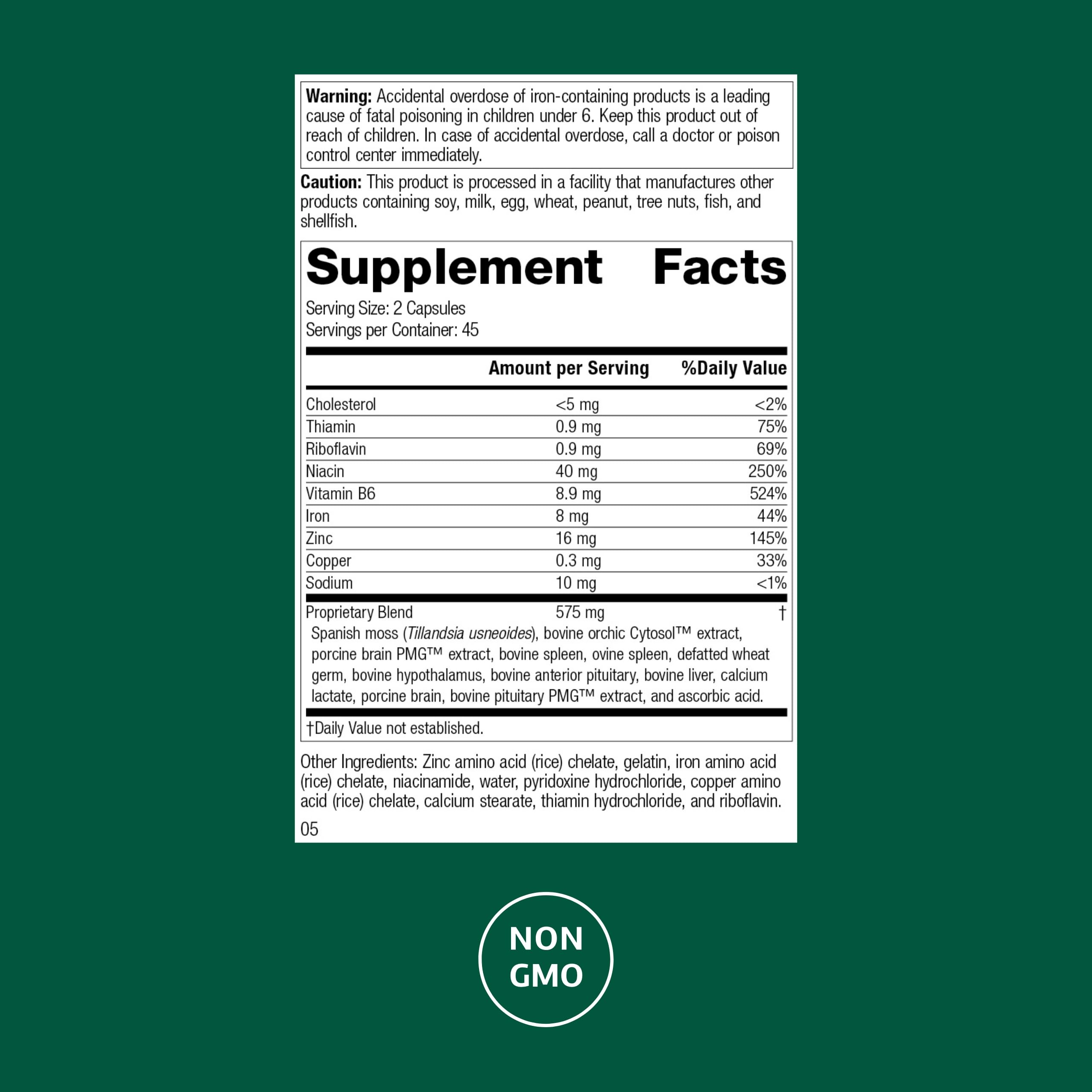 Neuroplex de Standard Process, ingrédients clés visibles, vitamine B6 et minéraux, soutien potentiel du système endocrinien.