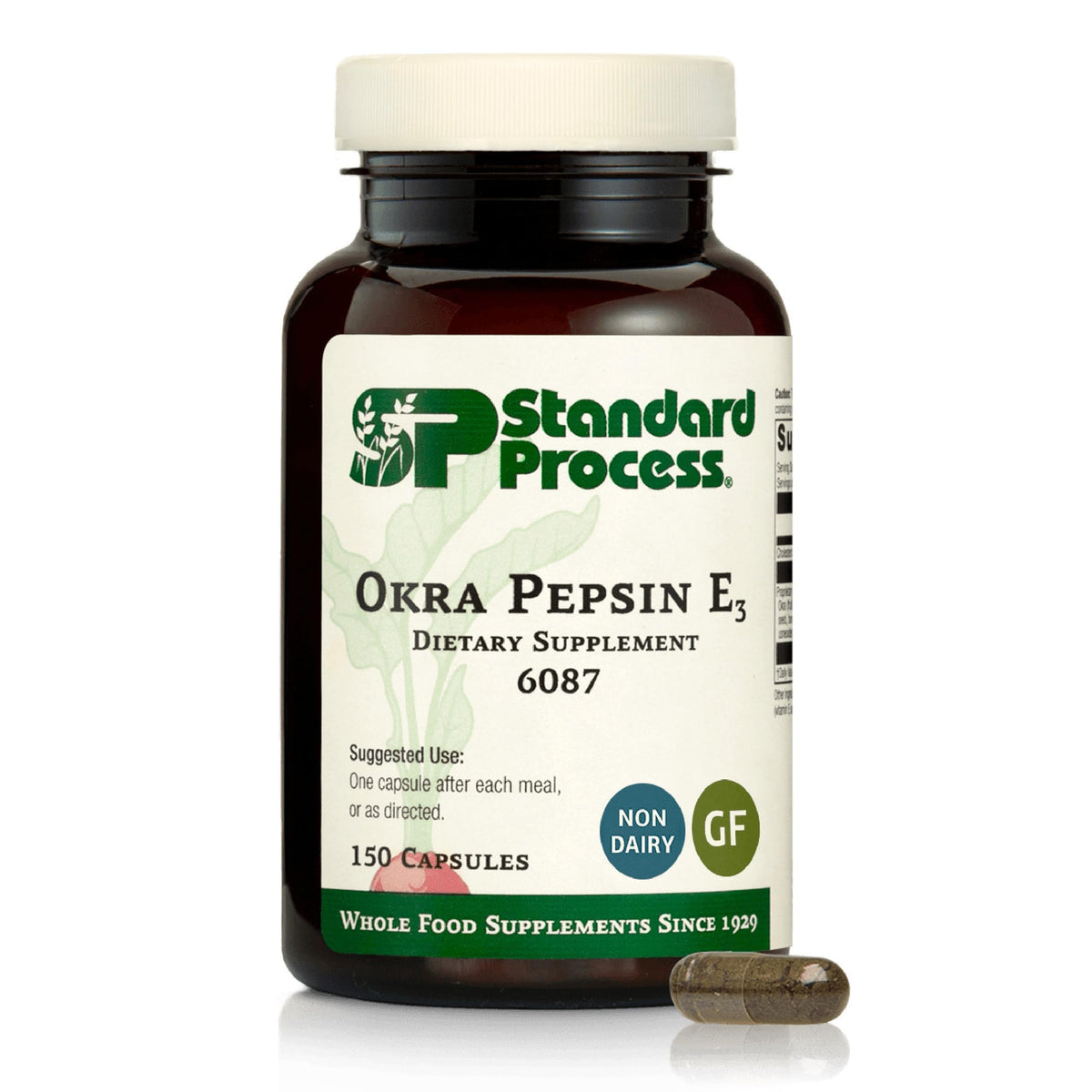 Standard Process Okra Pepsin E3 – bouteille, soutien digestif potentiel.