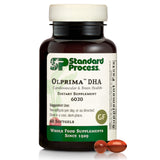 Olprima DHA de Standard Process, bouteille ouverte montrant les gélules, soutien potentiel cœur et cerveau.