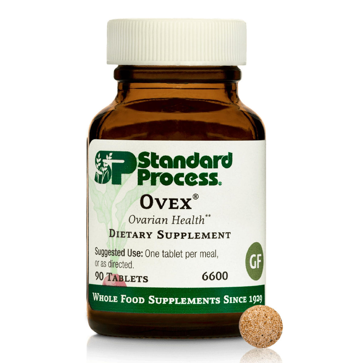 Standard Process Ovex: bouteille et étiquette visibles, complément alimentaire à base d'aliments entiers.