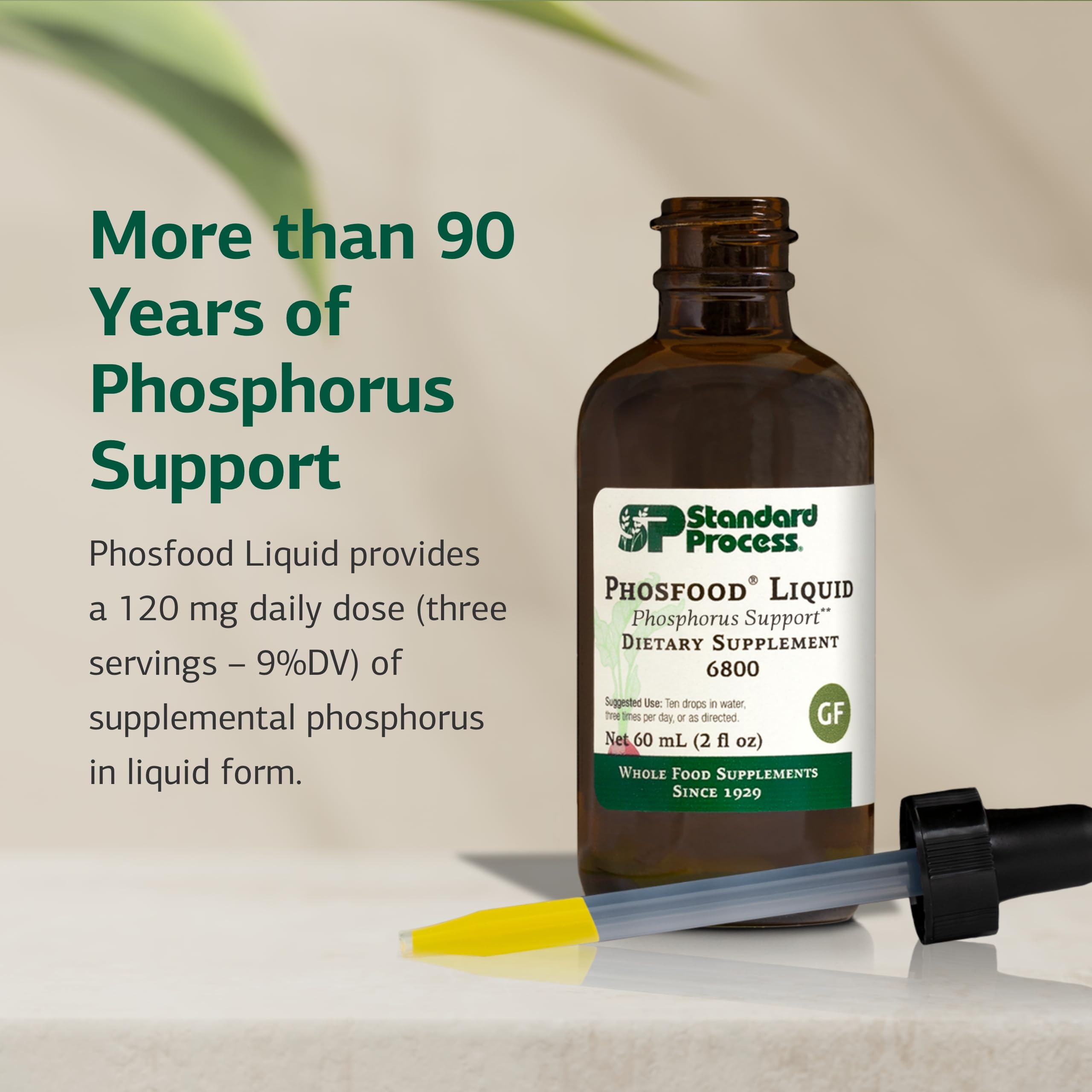 Standard Process Phosfood liquide-emballage, étiquette lisible et instructions claires.
