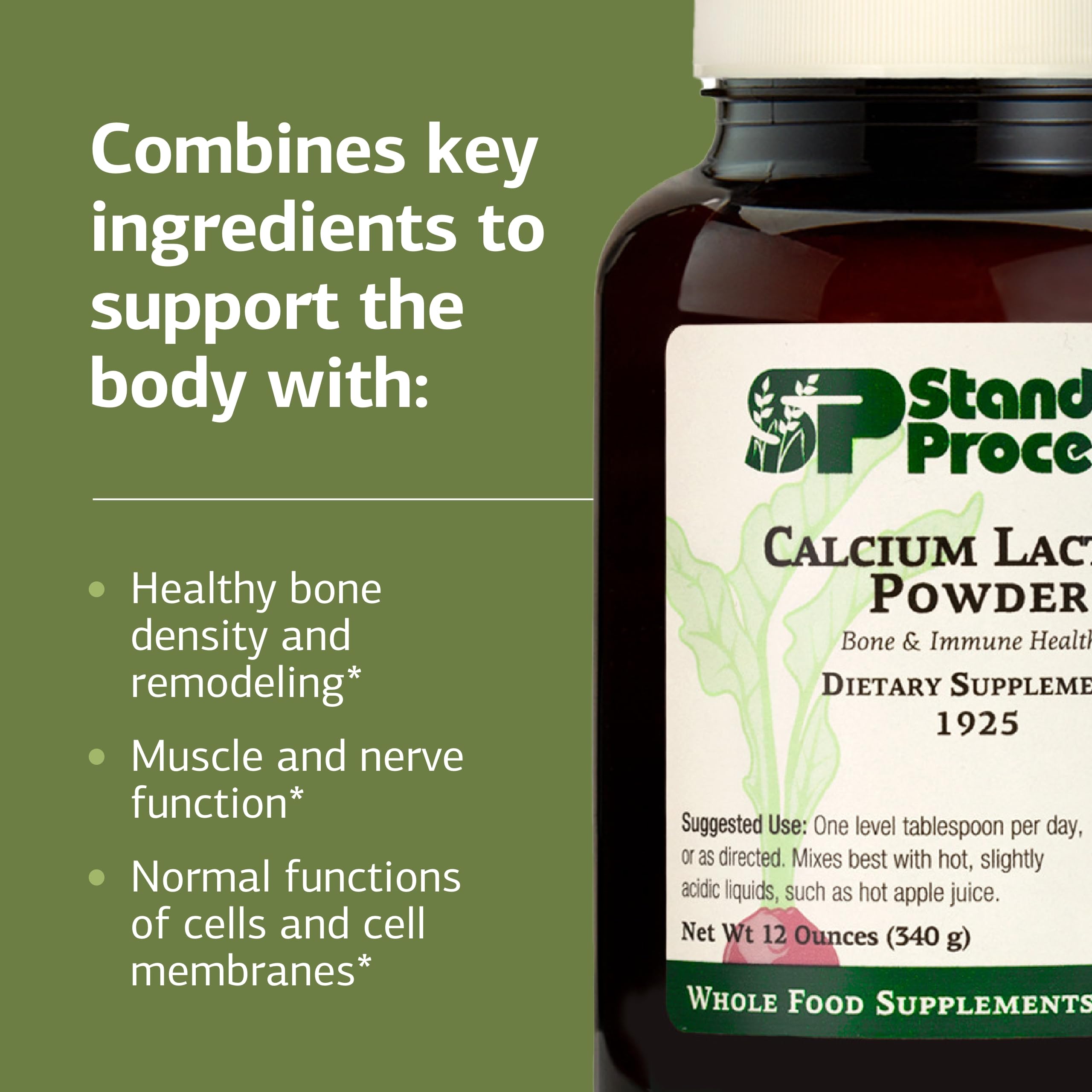 Poudre lactate calcium et emballage 340 g prêt à utiliser.