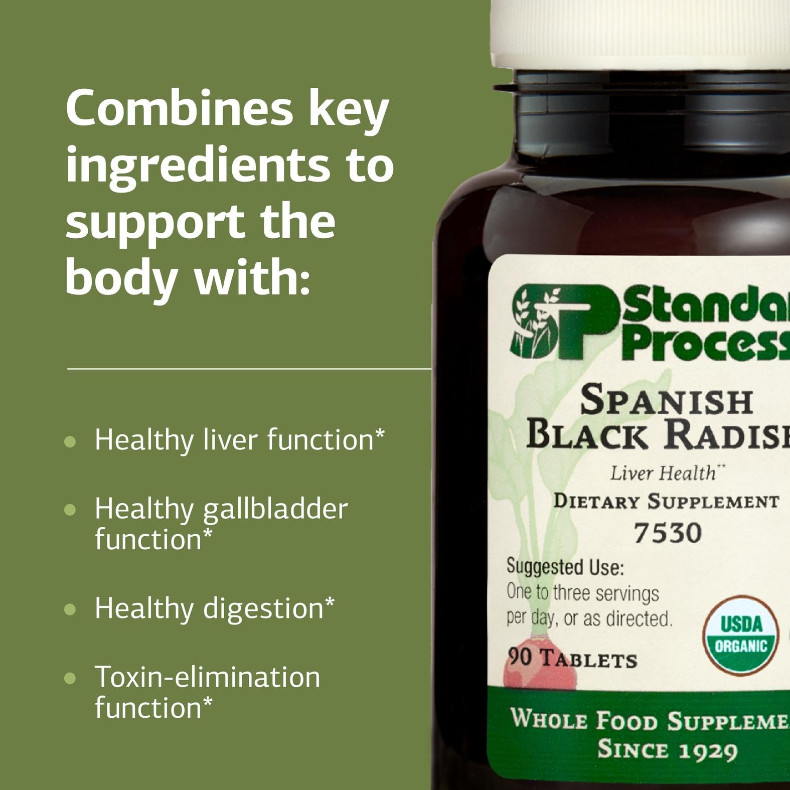 Standard Process Radis noir espagnol, emballage: produit sans gluten, sans lait et sans soja.