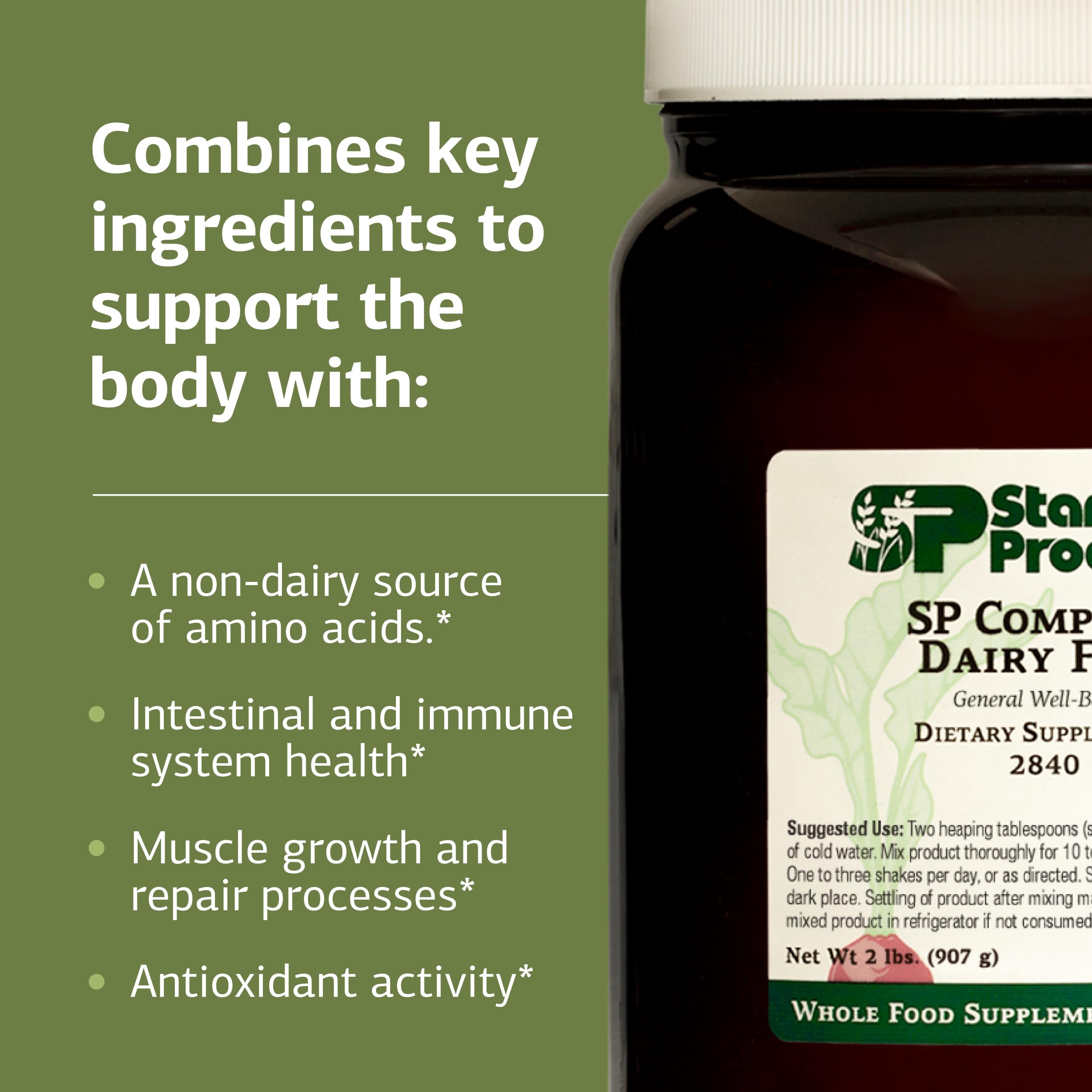 SP Complete sans lait, etiquette: ingredients cles et avantages potentiels.