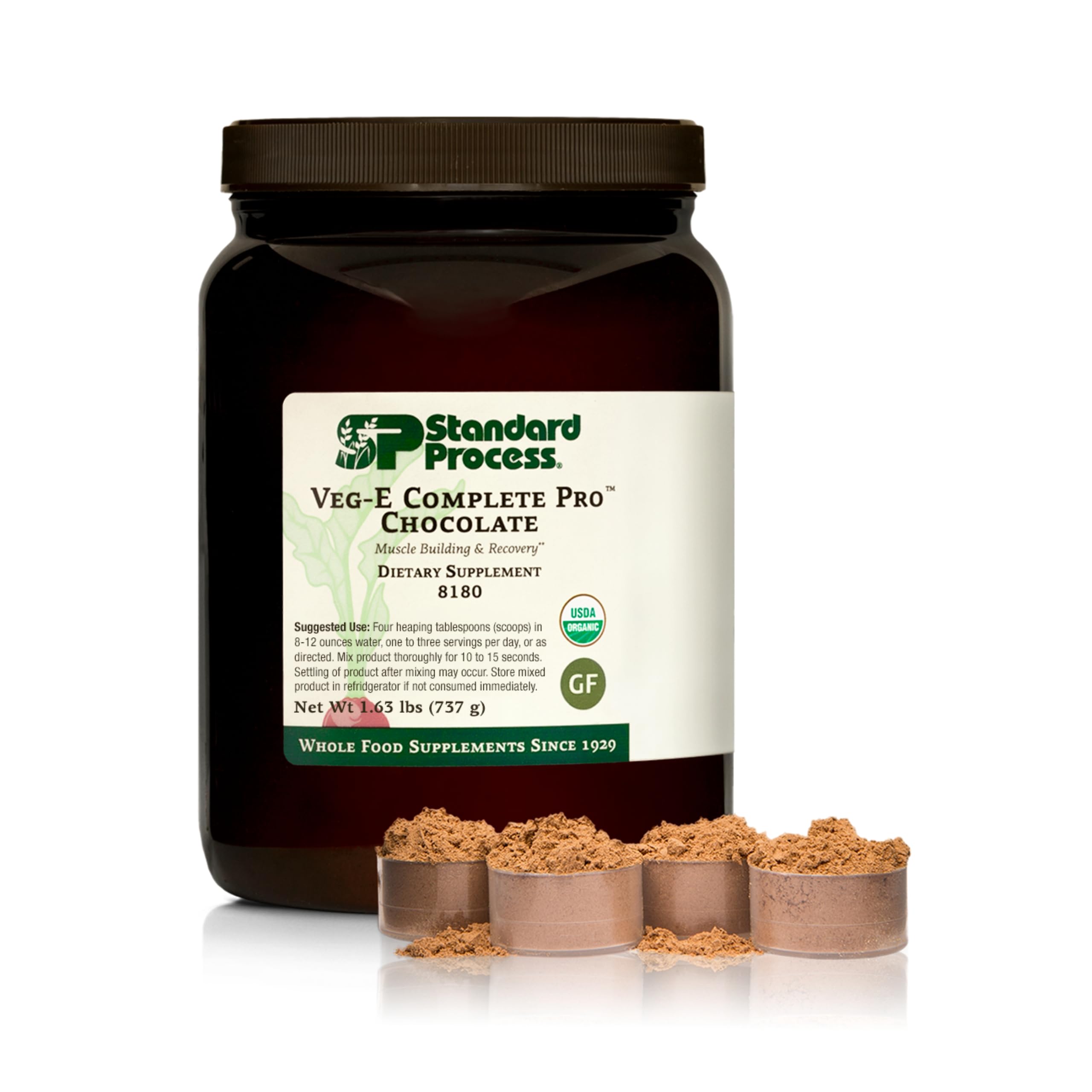 Standard Process Veg-E Complete Pro, bouteille chocolat, protéines végétales et fer.