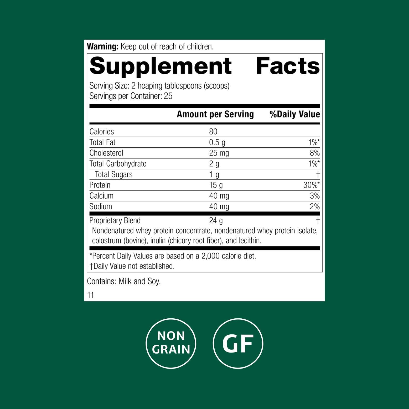 Étiquette claire du Standard Process Whey Pro Complete indiquant les ingrédients et les portions.