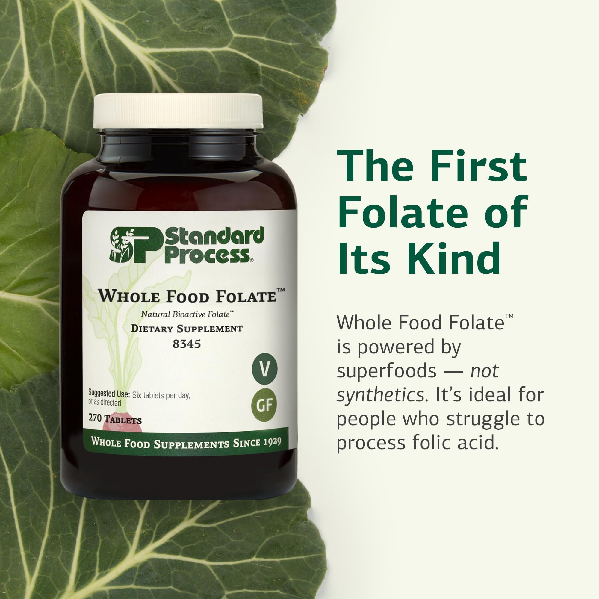 Étiquette de Standard Process Whole Food Folate sur bouteille, informations nutritionnelles claires.