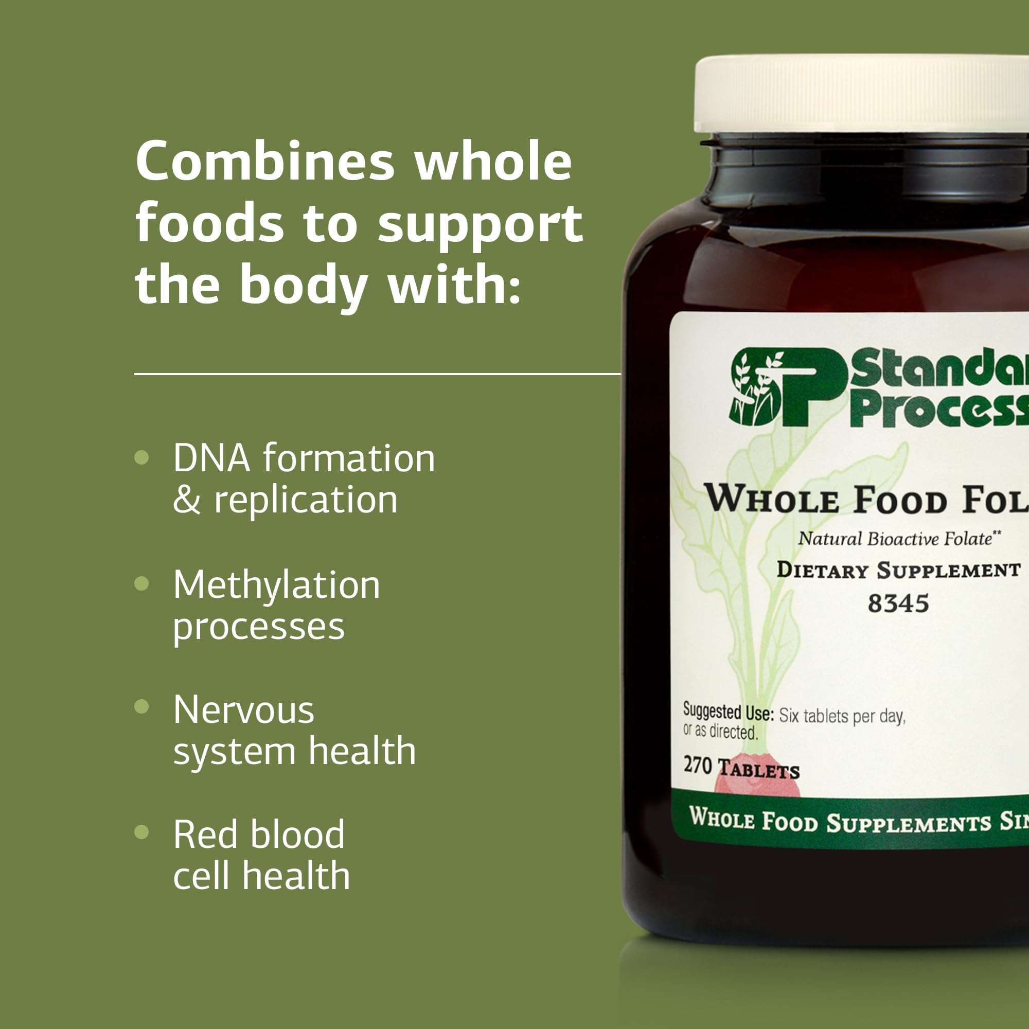 Tableau nutritionnel Standard Process Whole Food Folate sur emballage.