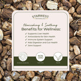 Starwest Botanicals Bardane infusion chaude révélant des notes terreuses et légèrement sucrées.