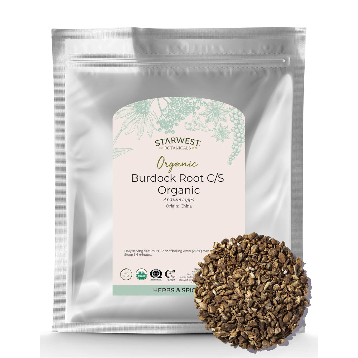 Starwest Botanicals Bardane racine coupée et tamisée prête pour infusion aromatique.