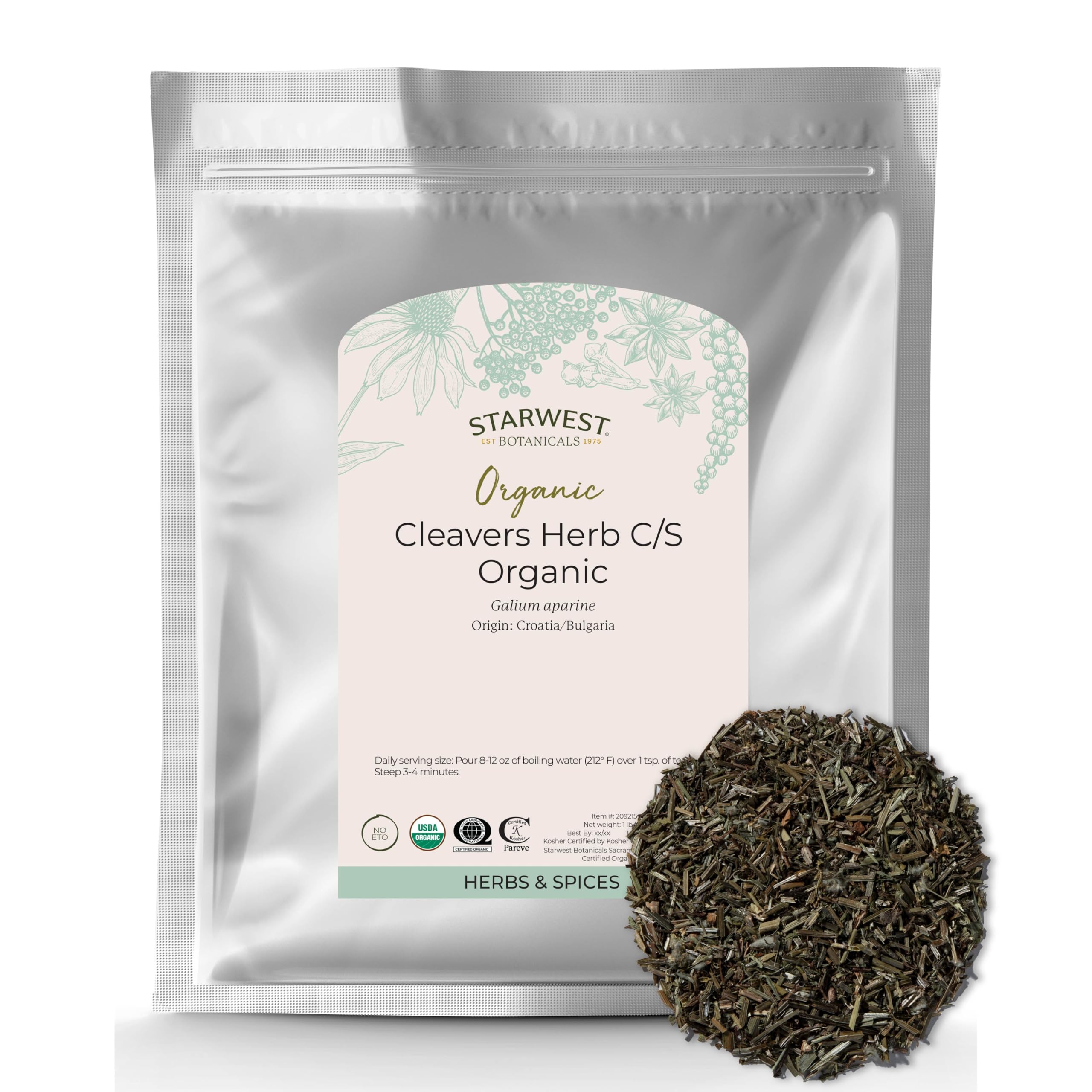 Starwest Botanicals Cleavers bio en vrac, prêt à infuser ou agrémenter les plats.