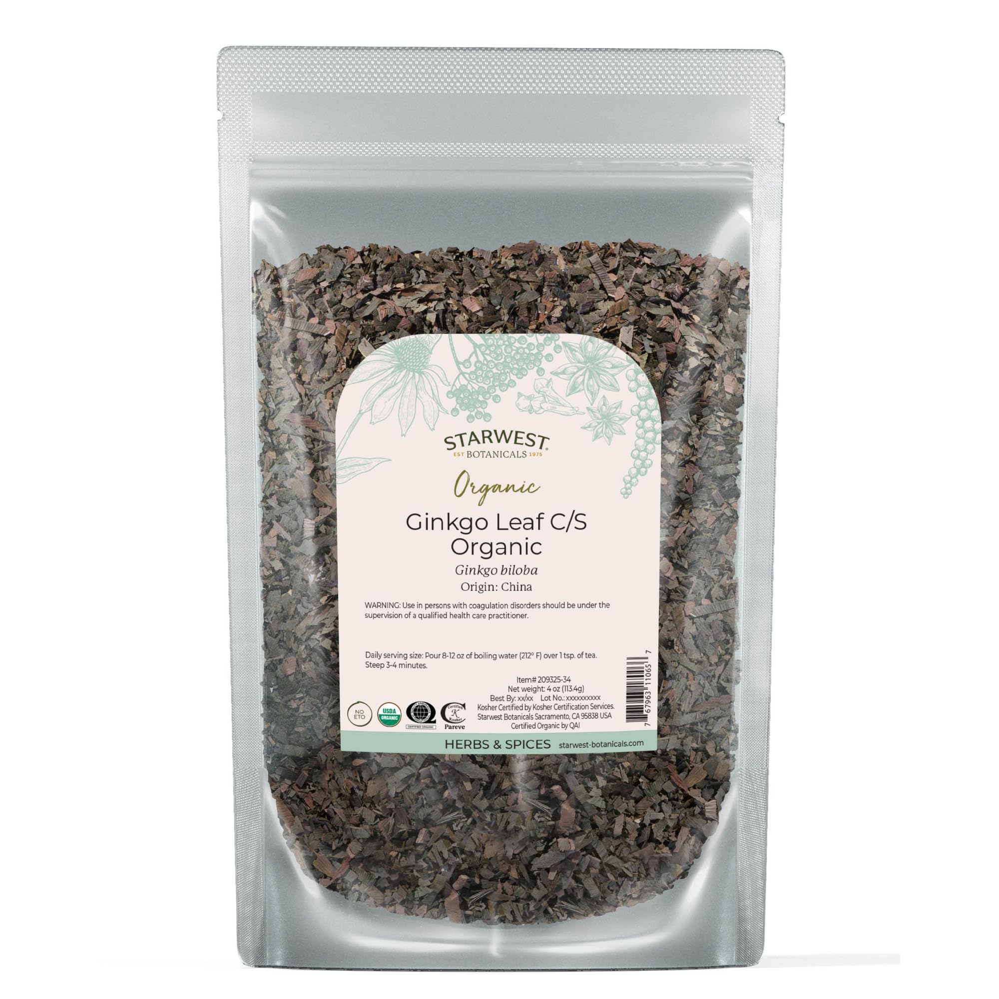 Starwest Botanicals Ginkgo — feuille coupée et tamisée prête à infuser.