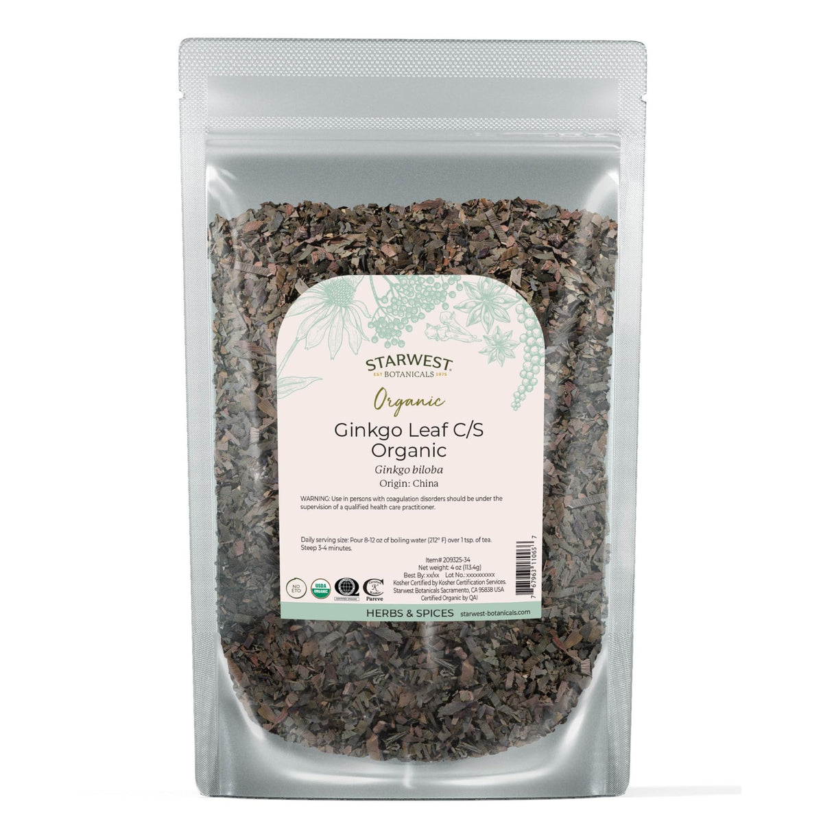 Starwest Botanicals Ginkgo — feuille coupée et tamisée prête à infuser.
