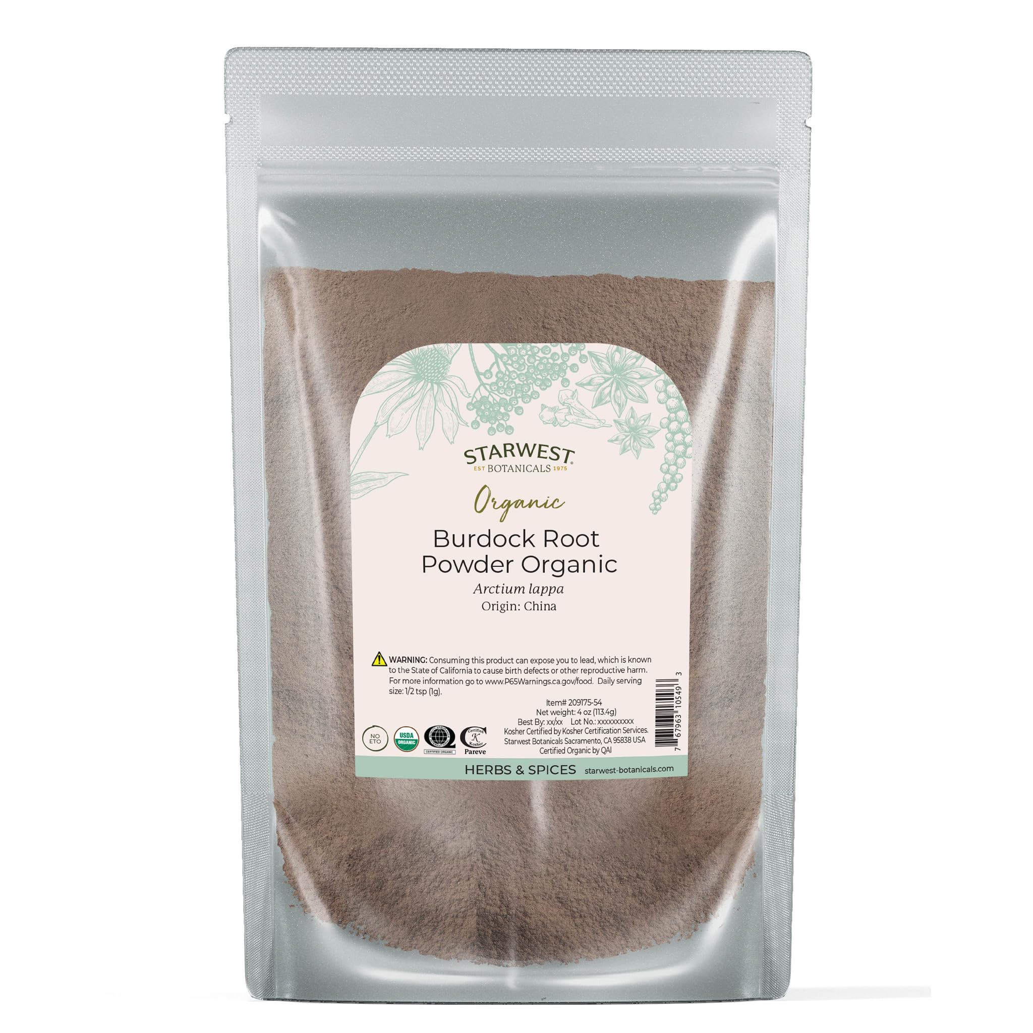 Starwest Botanicals poudre bardane bio emballage pratique pour stockage quotidien.