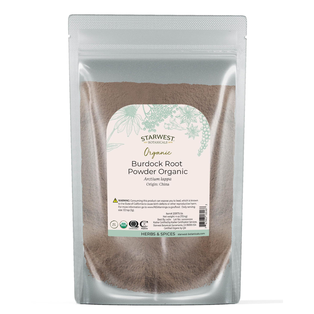 Starwest Botanicals poudre bardane bio emballage pratique pour stockage quotidien.