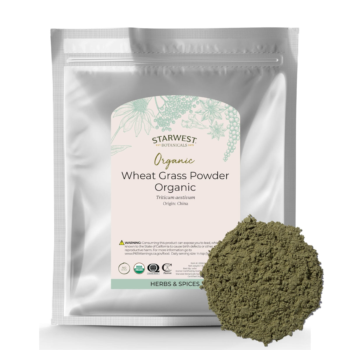 Starwest Botanicals Poudre de Blé Bio dans un sachet refermable pour préserver la fraîcheur.