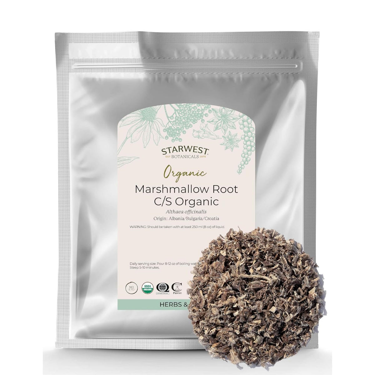 Starwest Botanicals racine-guimauve séchée prête à infuser une tisane douce.