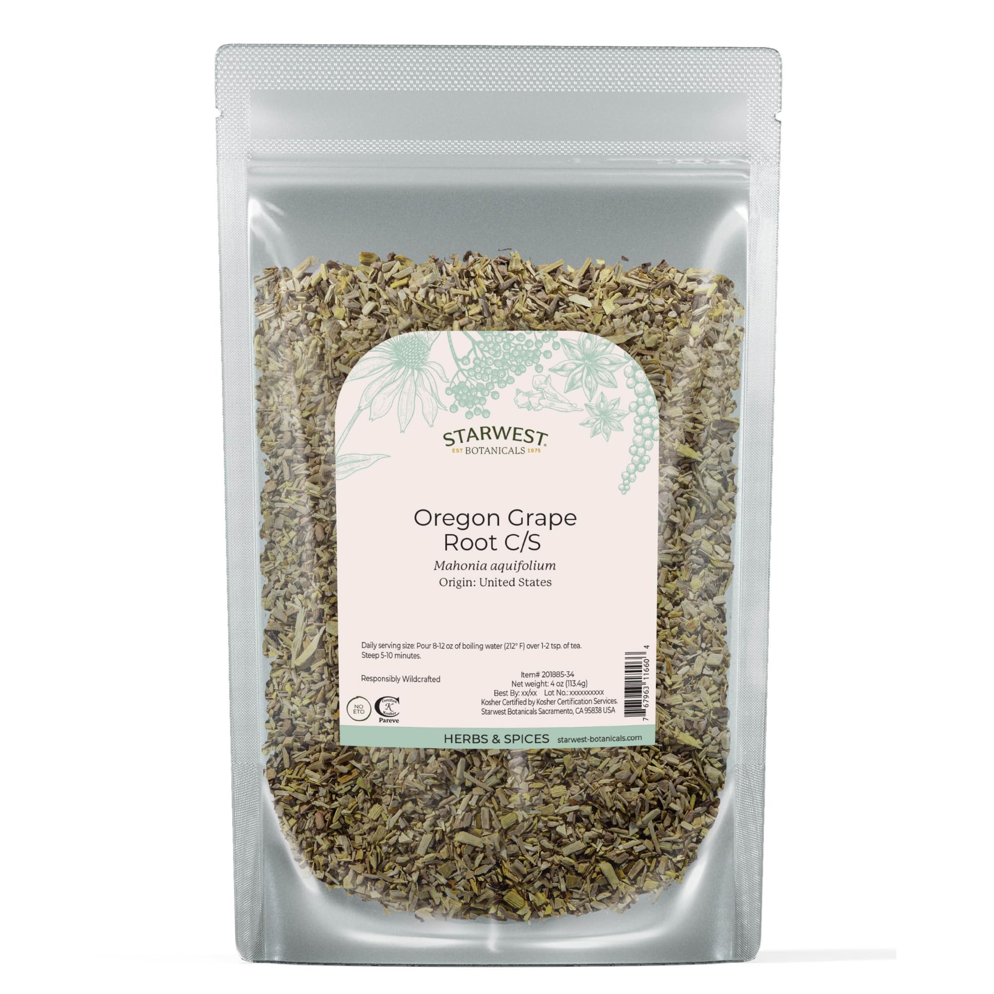 Starwest Botanicals sachet racine Oregon Grape séchée, idéale pour infusion aromatique.