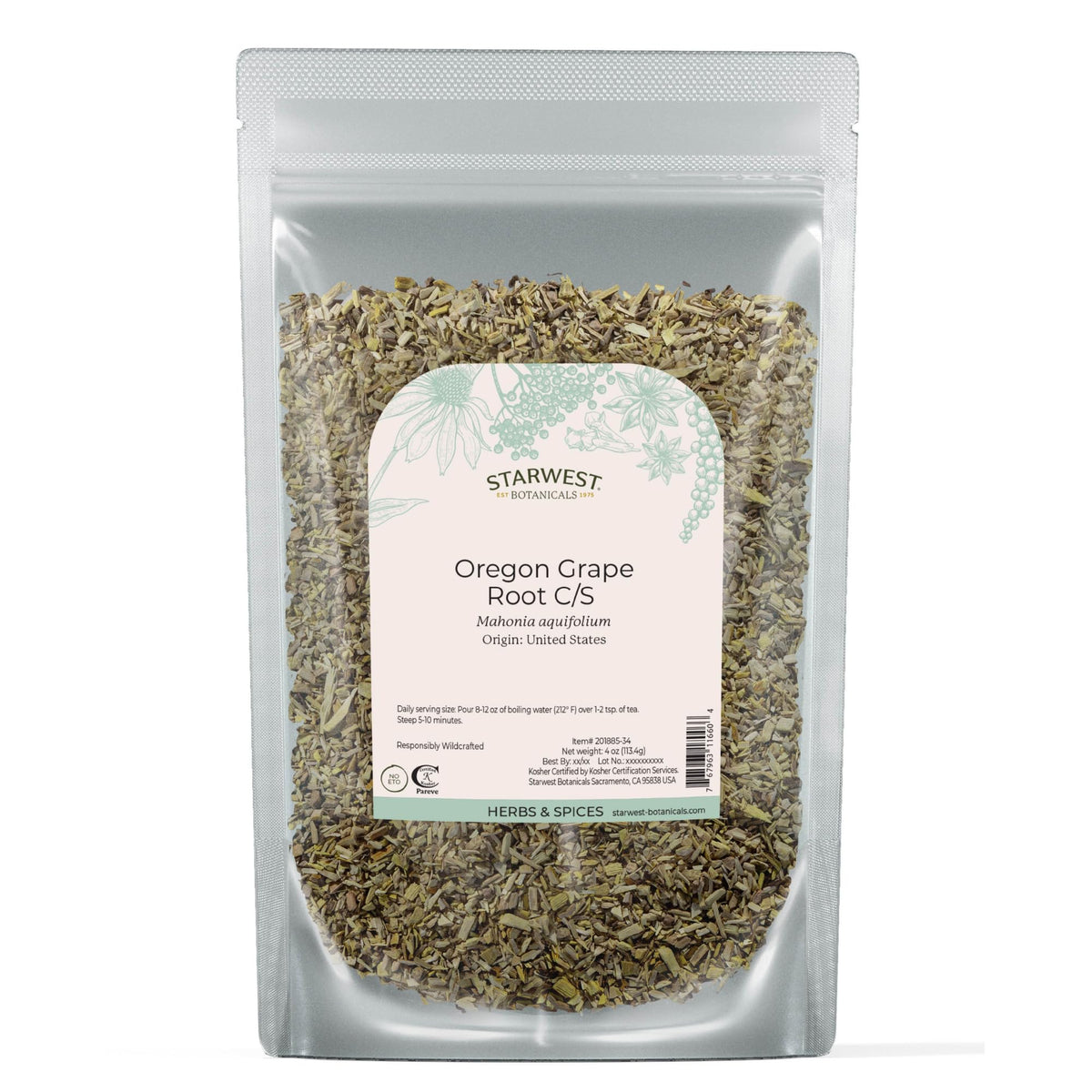 Starwest Botanicals sachet racine Oregon Grape séchée, idéale pour infusion aromatique.