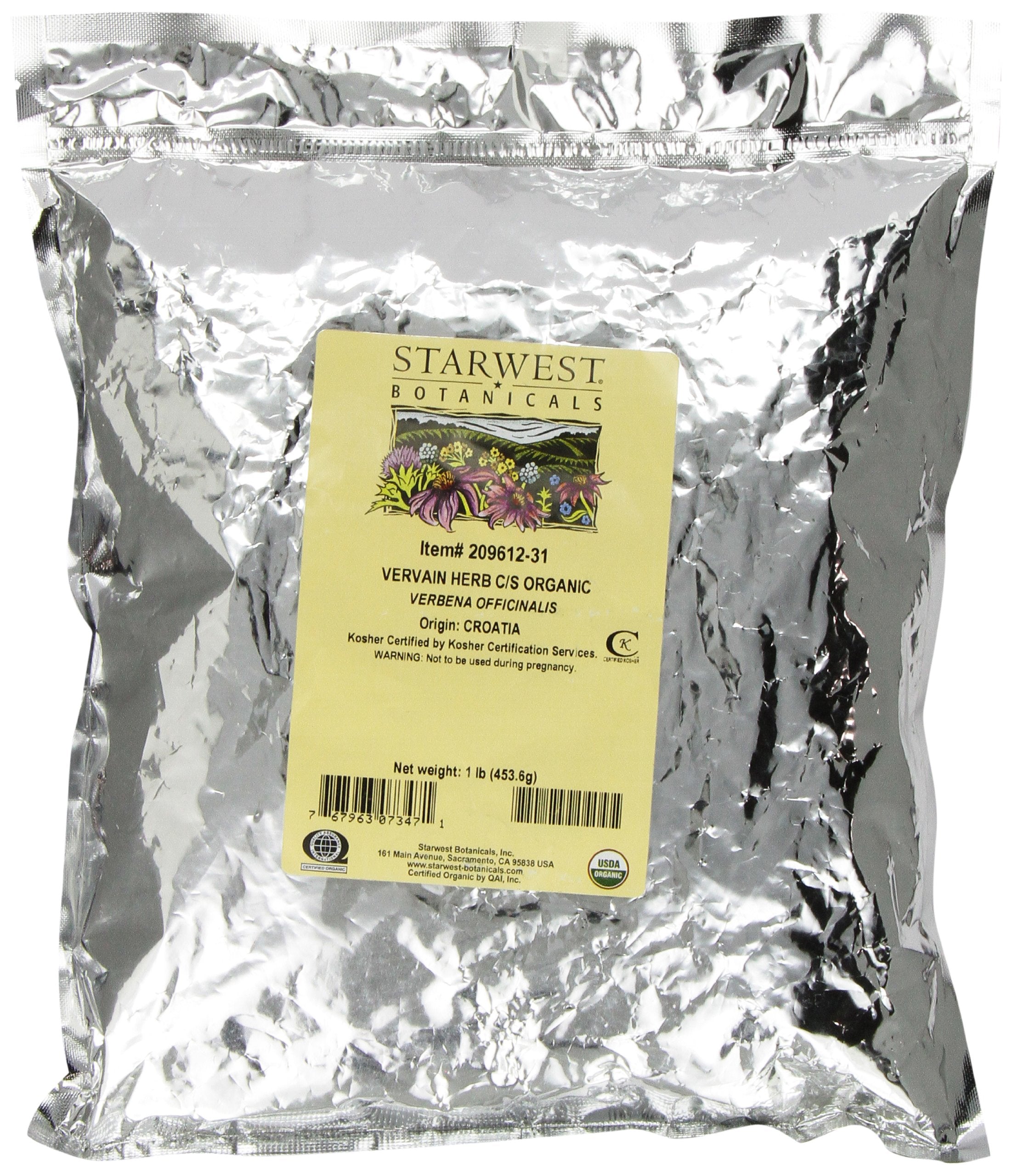 Starwest Botanicals Vervaine en herbe coupée et tamisée, parfaite infusion aromatique et usage domestique.