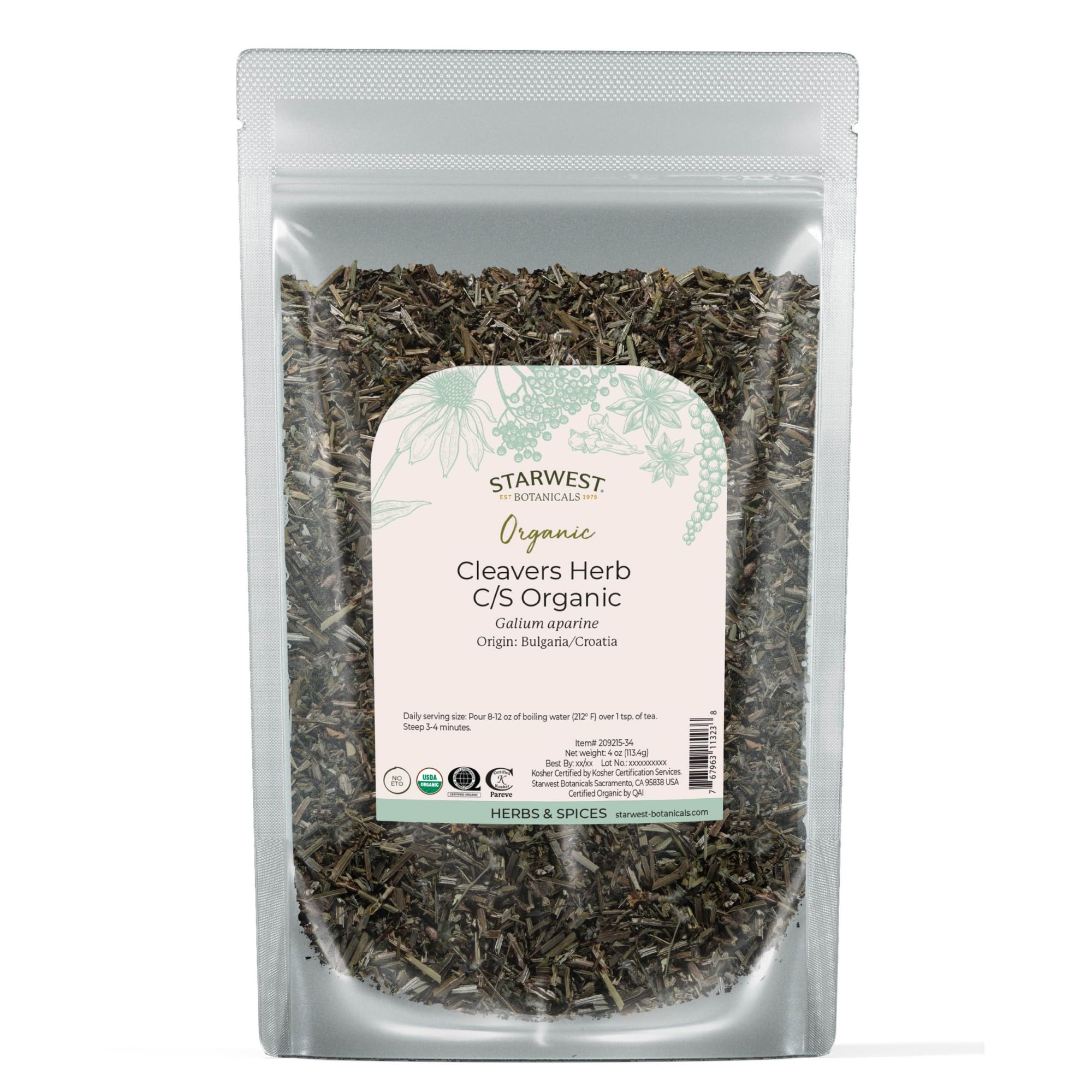 Starwest Cleavers herb biologique, feuilles sèches idéales pour tisane légère et aromatique.