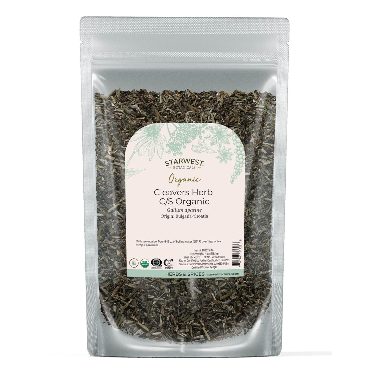 Starwest Cleavers herb biologique, feuilles sèches idéales pour tisane légère et aromatique.