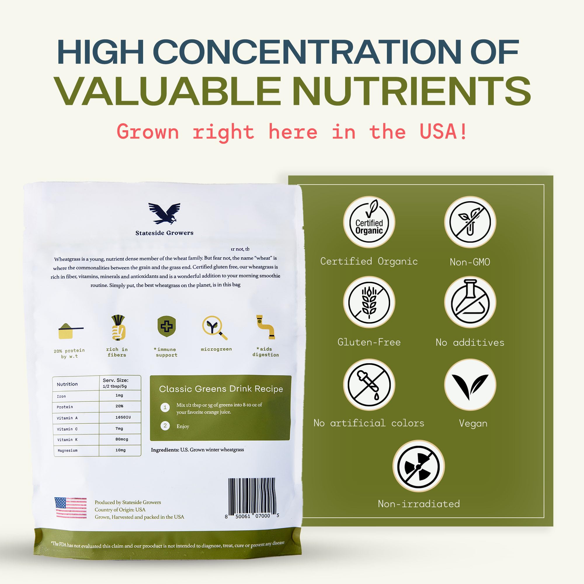 Stateside Growers Poudre Blé Vert Bio, nutriments utiles pour vos préparations.