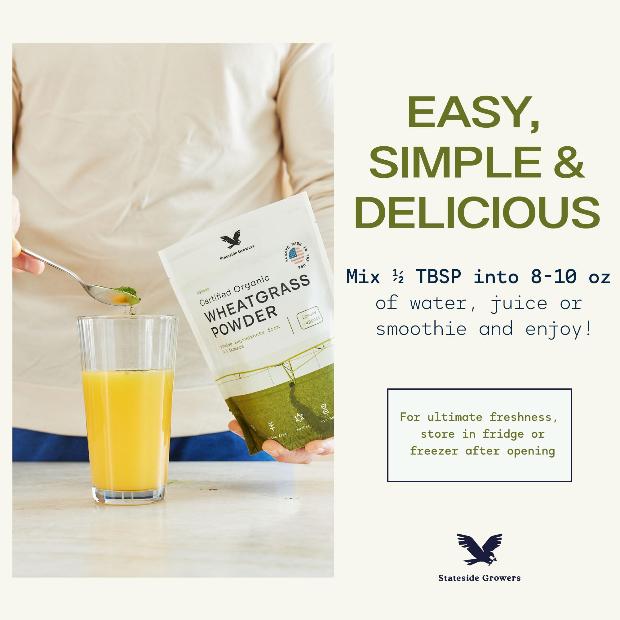 Stateside Growers Verre Boisson Verte, poudre de Blé Bio pour rafraîchir.