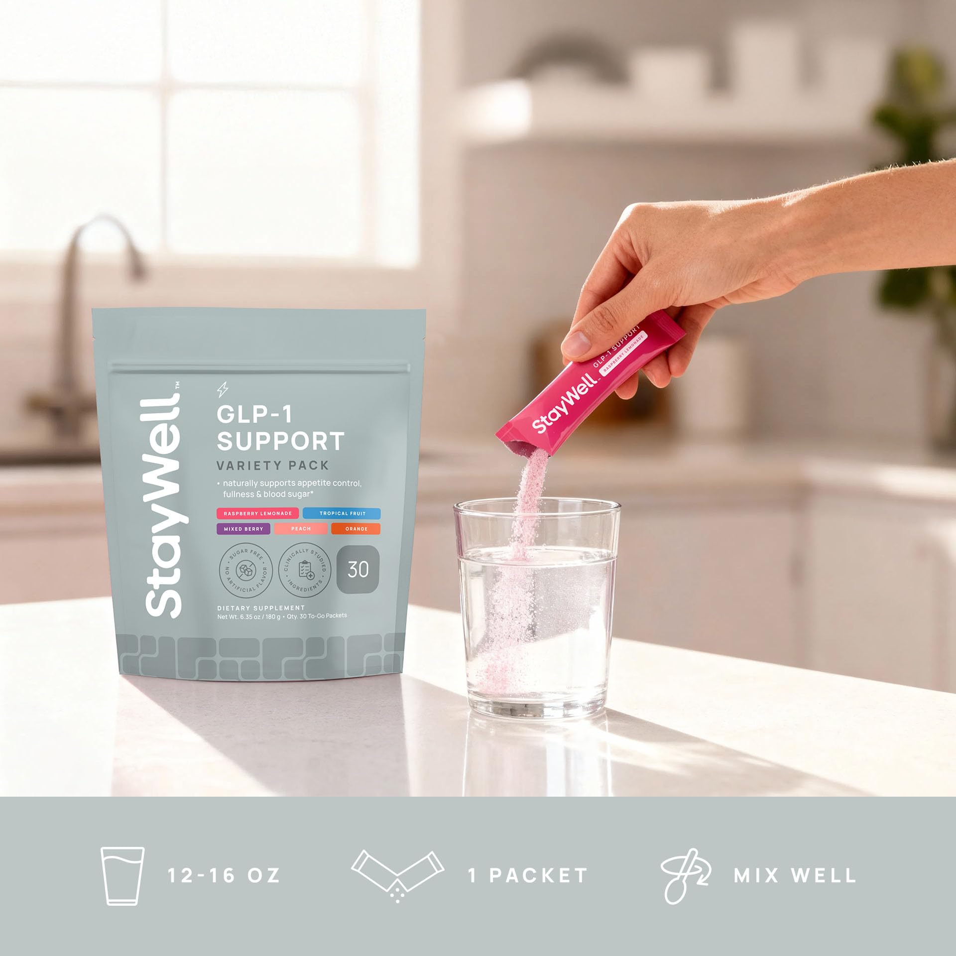 Stay-Well Naturals GLP-1 Emballage design informatif.