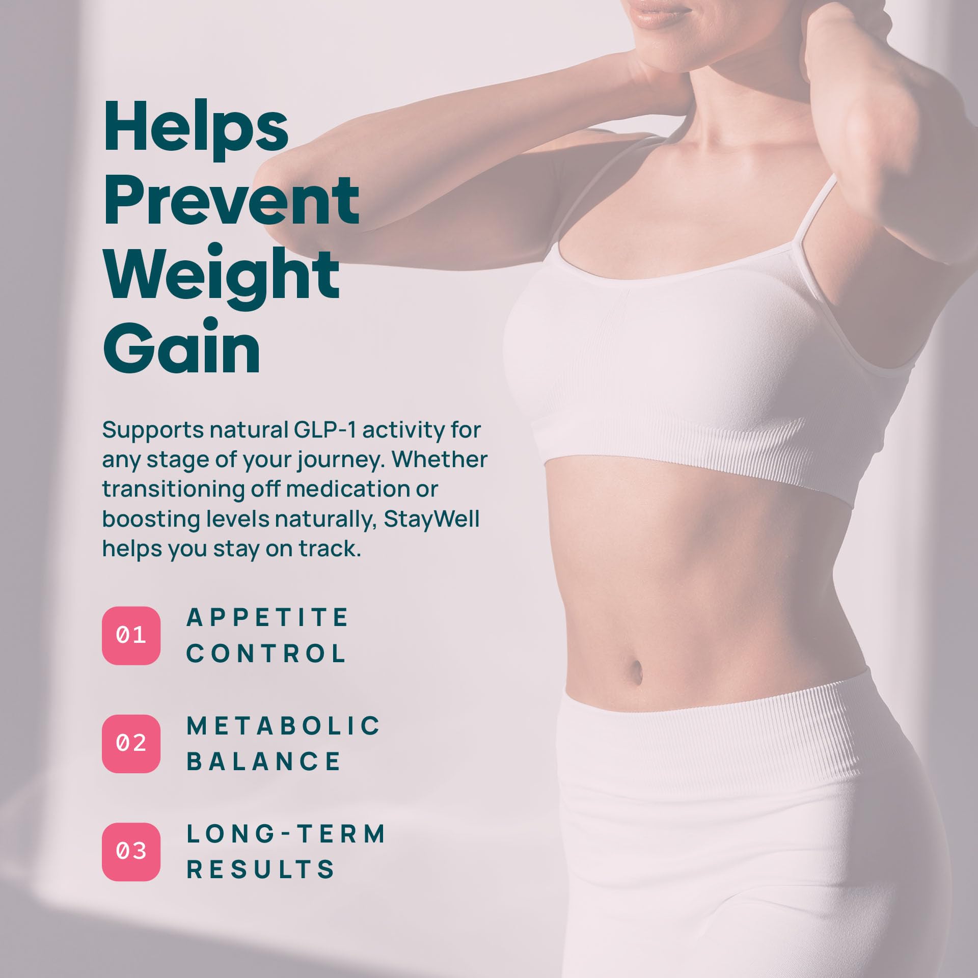 Stay-Well Naturals GLP-1 booster – étiquette affichant Garcinia Cambogia et Berberine pour l'équilibre énergétique.