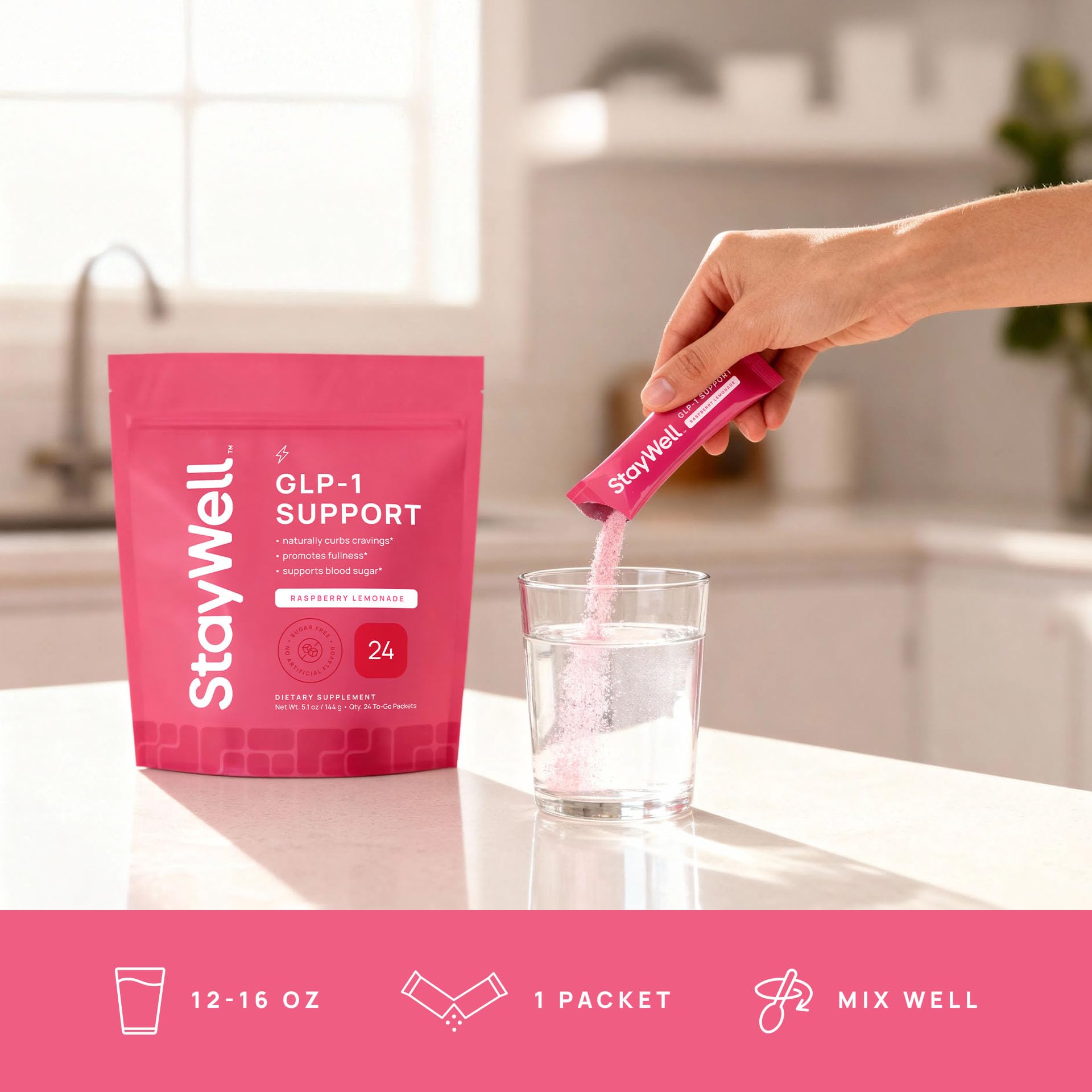Stay-Well Naturals GLP-1 booster – bocal translucide pour suivre le dosage facilement.