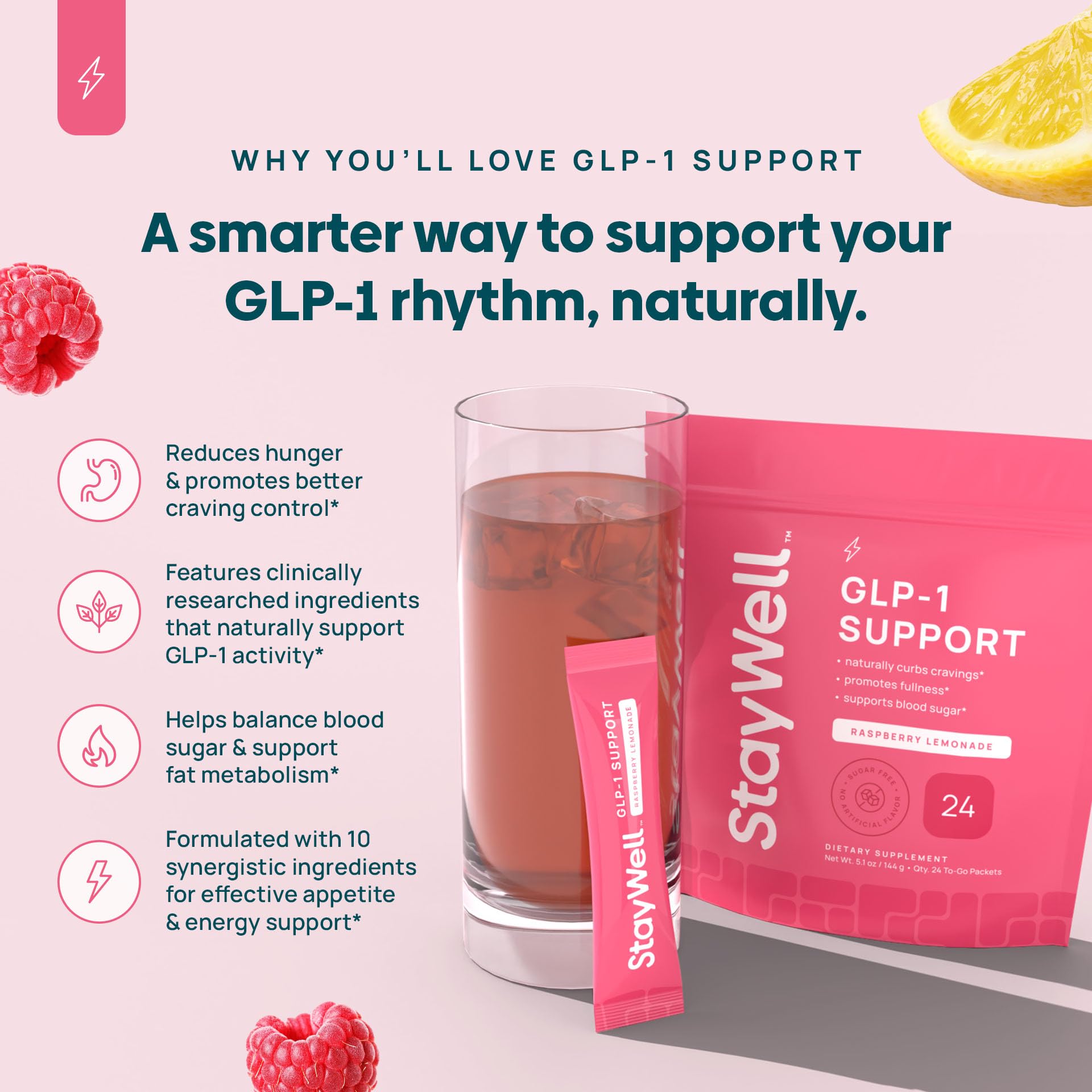 Stay-Well Naturals GLP-1 booster – sachet-mesure pratique facilitant l'utilisation quotidienne.