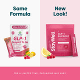 Stay-Well Naturals GLP-1 booster – verre framboise-citronnade illustrant une saveur rafraîchissante.